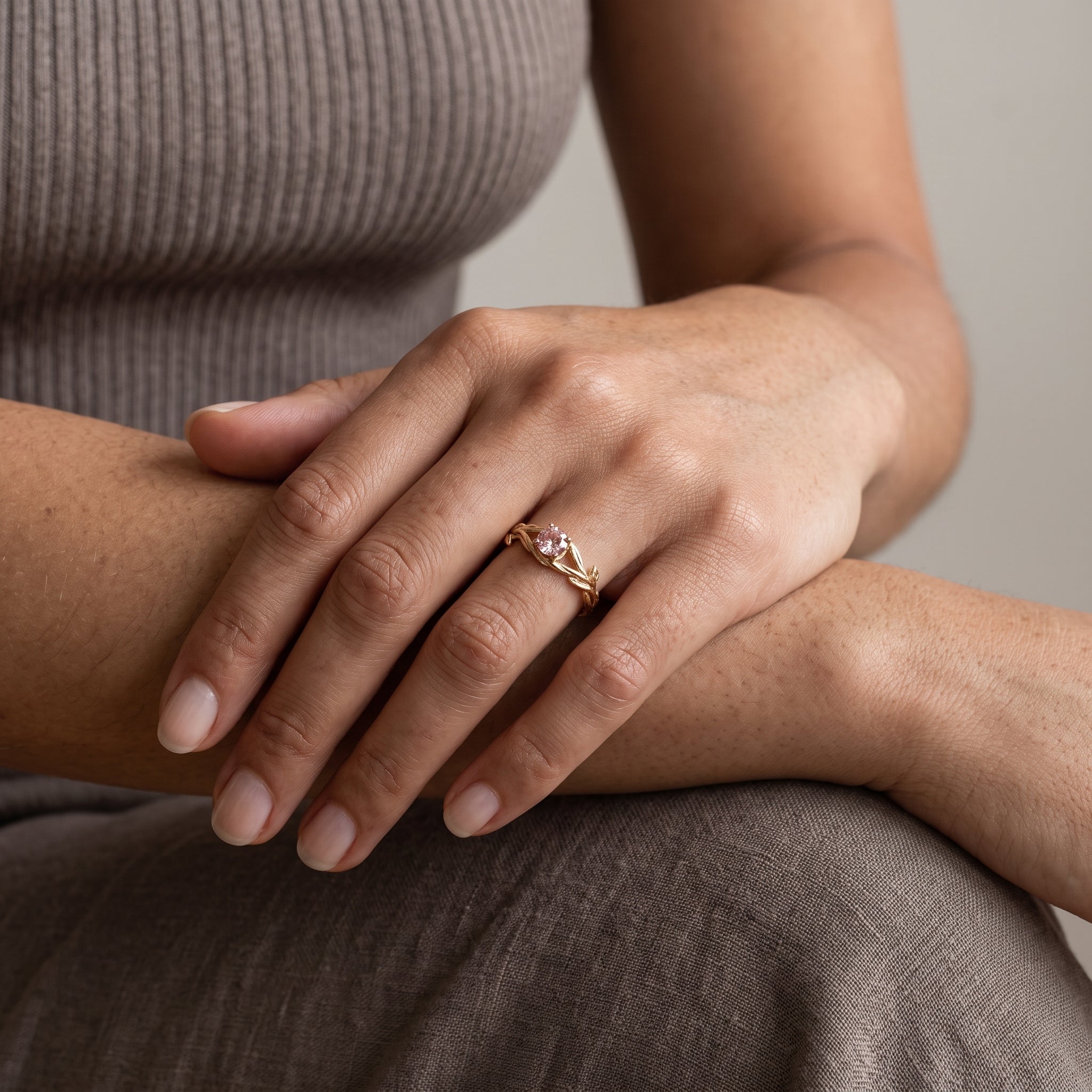 Yellow Gold Round Cut Moissanite Leaf Vine Ring