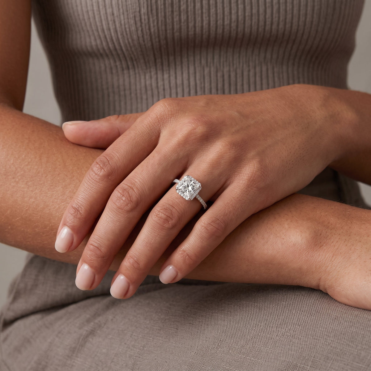 White Metal Princess Cut Moissanite Halo Engagement Ring