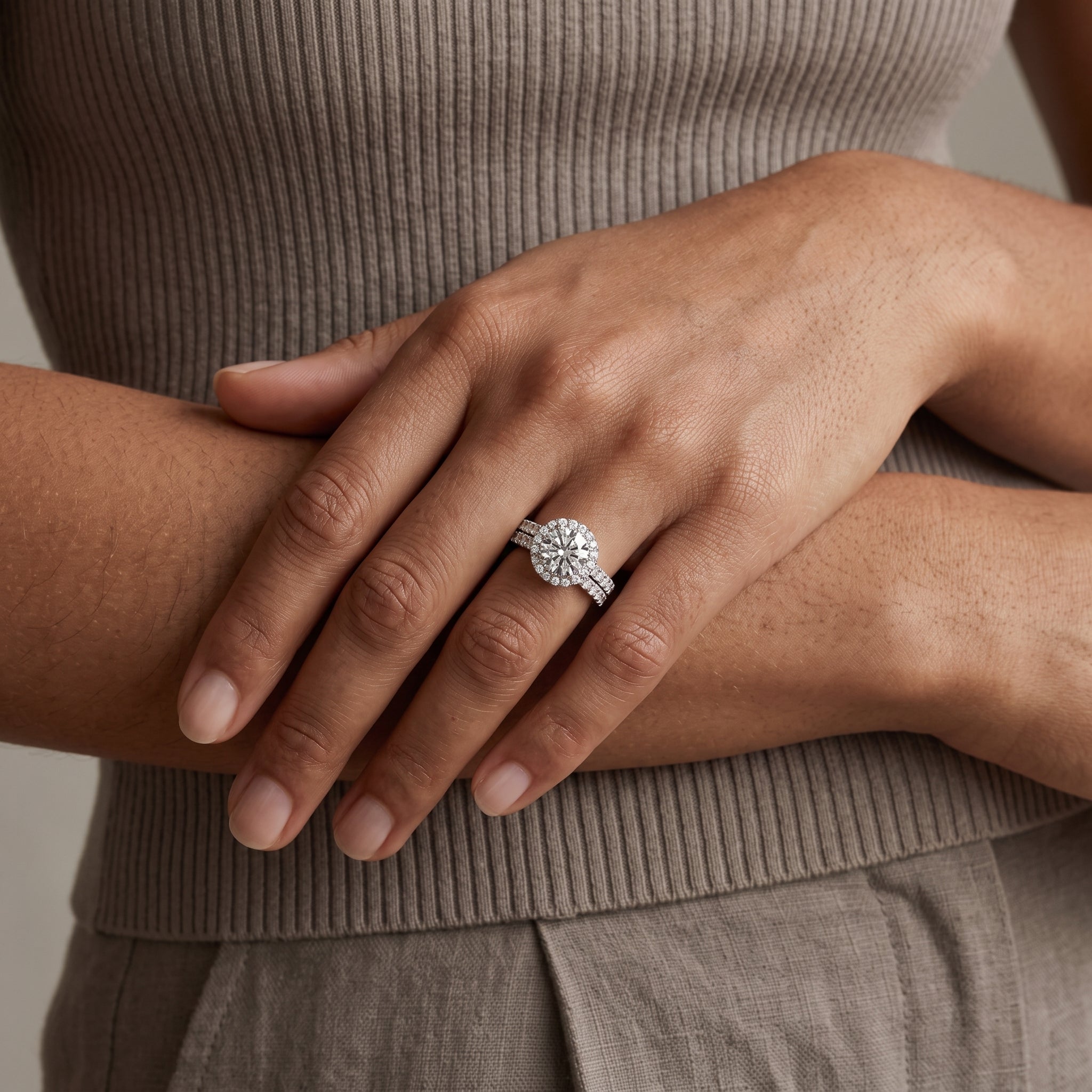 White Gold Round Moissanite Engagement Ring with Halo Bridal Set