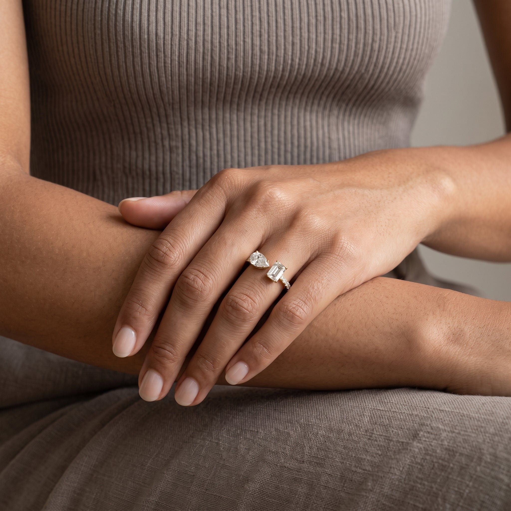Yellow Gold Pear & Emerald Cut Moissanite Engagement Ring