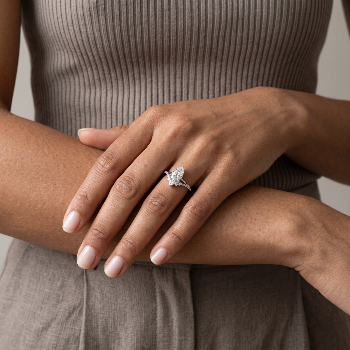 White Pear Cut Moissanite Engagement Ring with Accent Stones