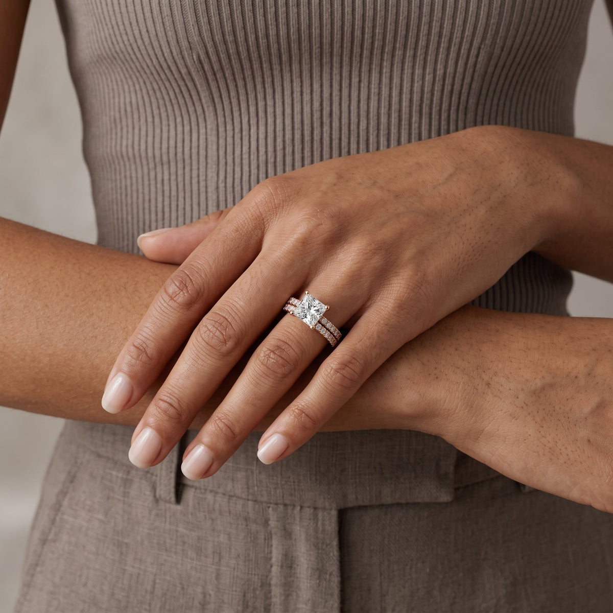 Rose Gold Princess Cut Moissanite Bridal Ring Set