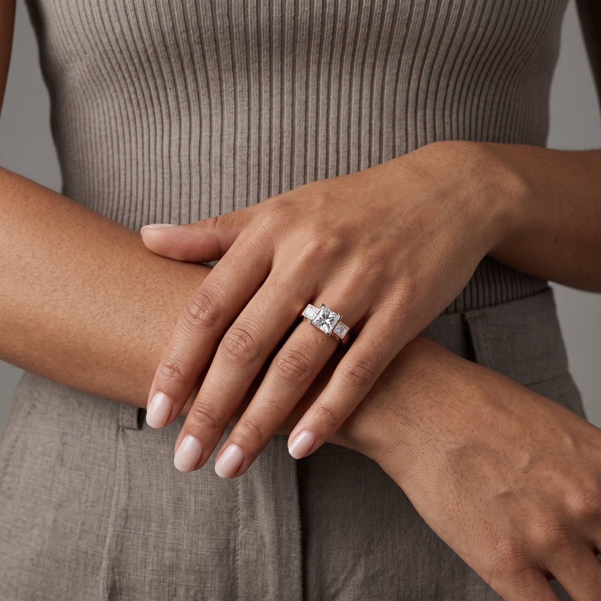 Rose Gold Princess Cut Moissanite Three-Stone Ring