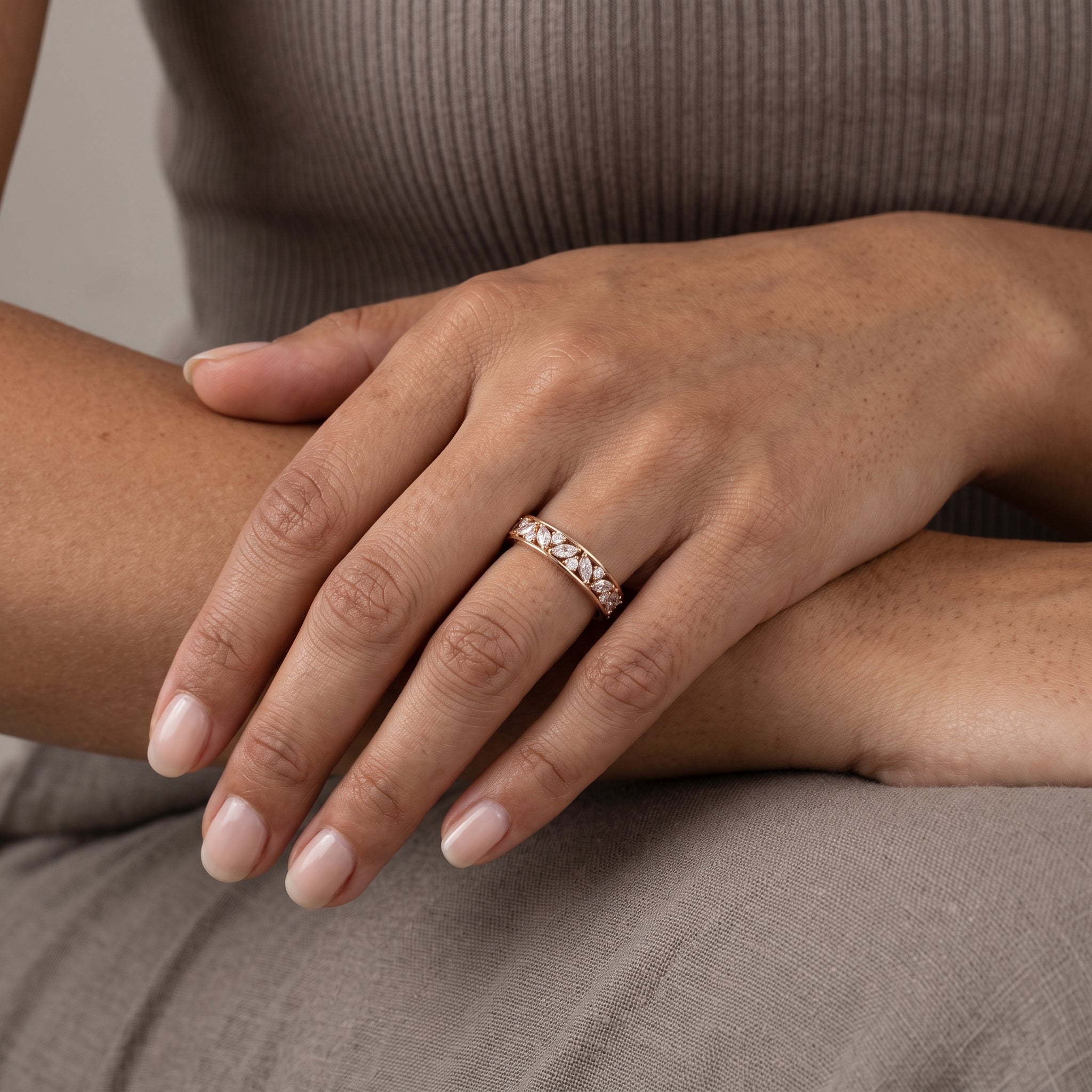 Rose Gold Marquise & Round Moissanite Band Ring