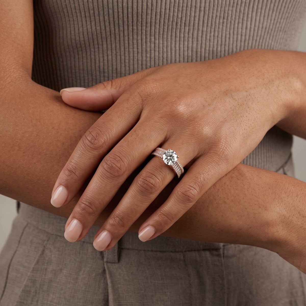 Rose Gold Round Moissanite Engagement Ring with Baguette Accent Band