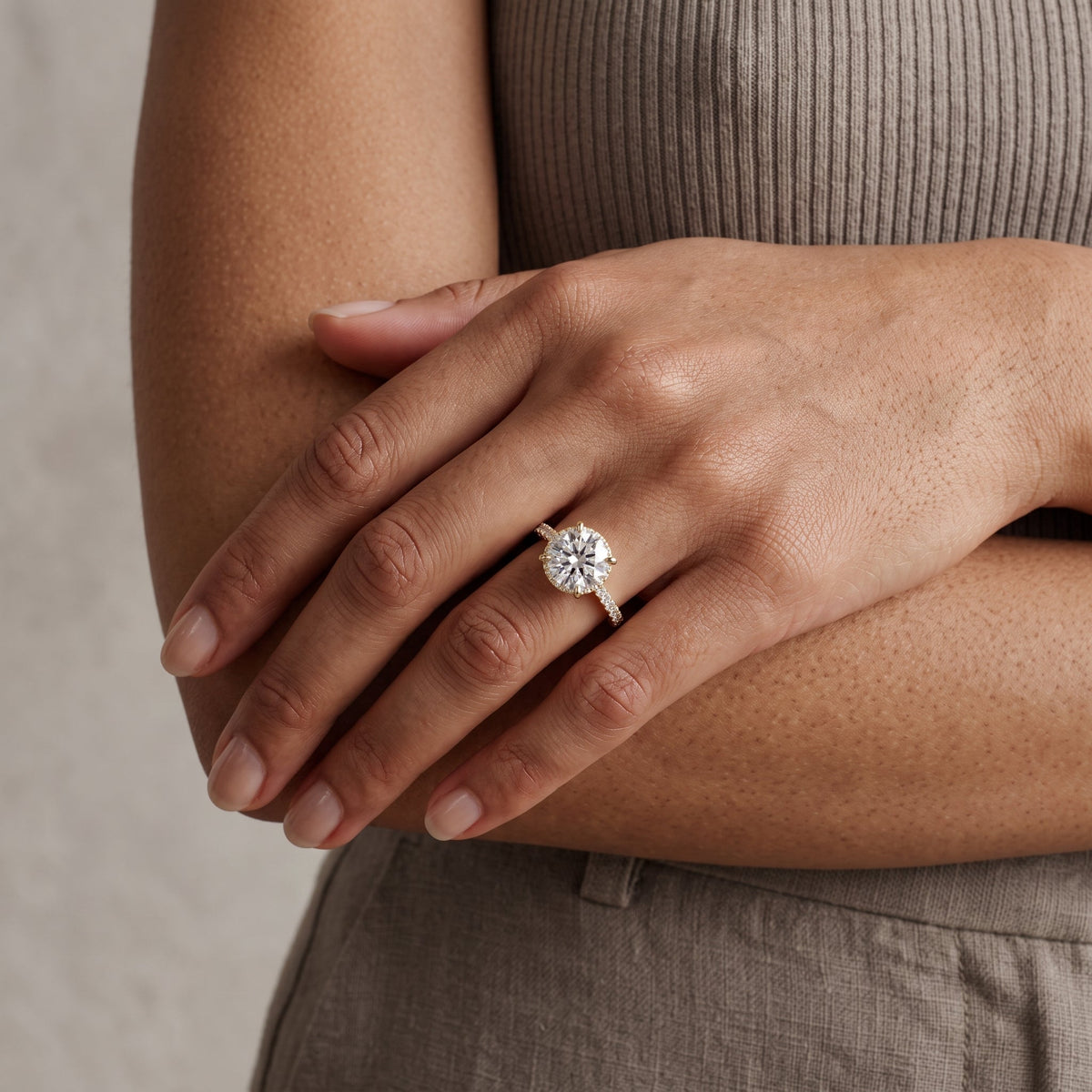 Yellow Gold Round Cut Moissanite Engagement Ring