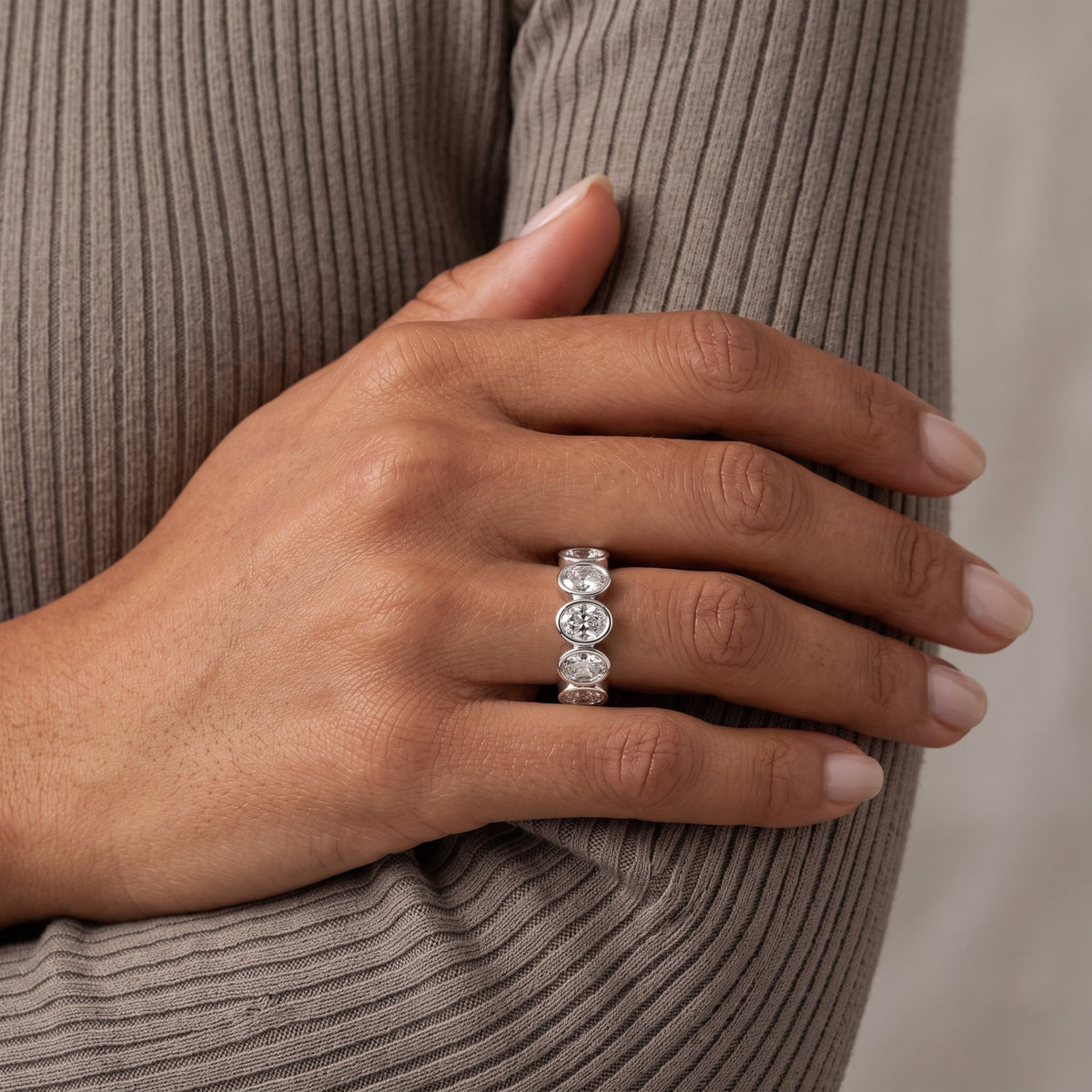 White Metal Oval Moissanite Eternity Band Ring