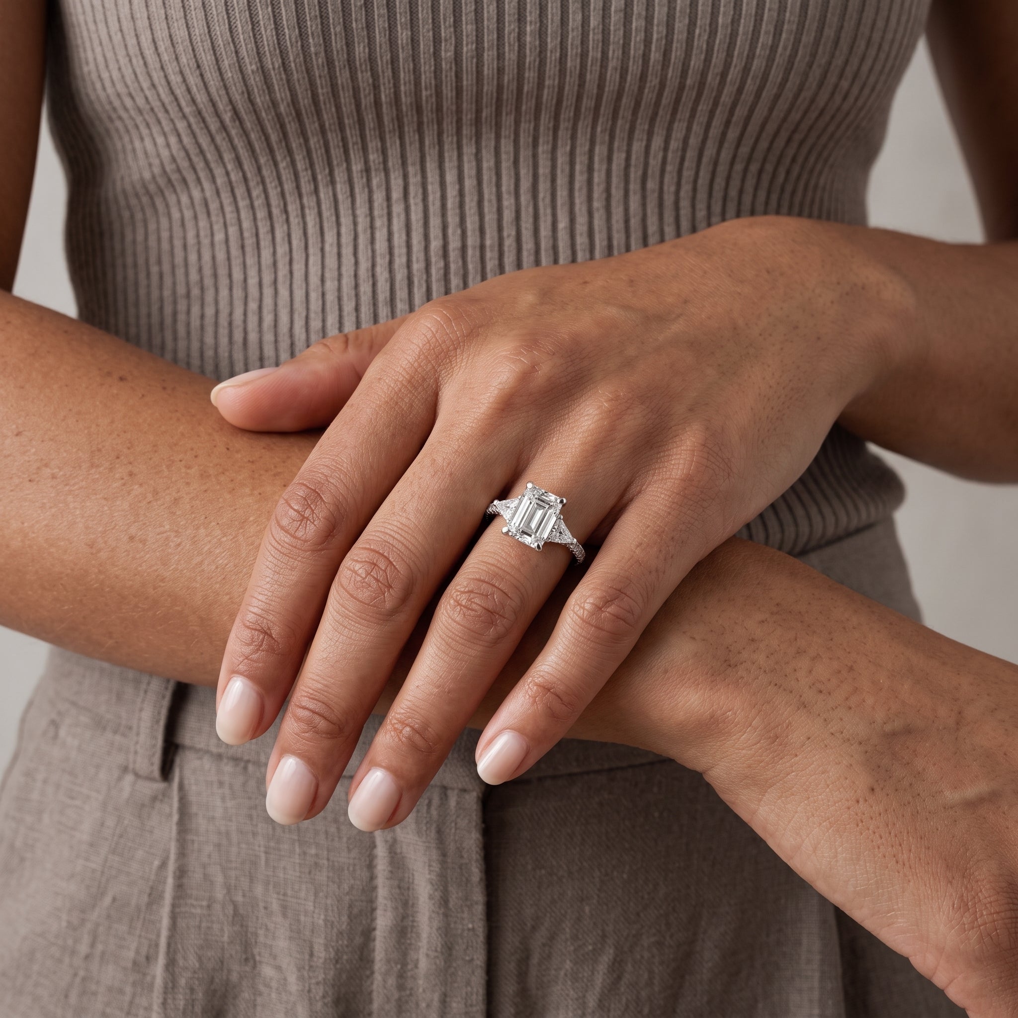 White Metal Emerald Cut Moissanite Three-Stone Engagement Ring