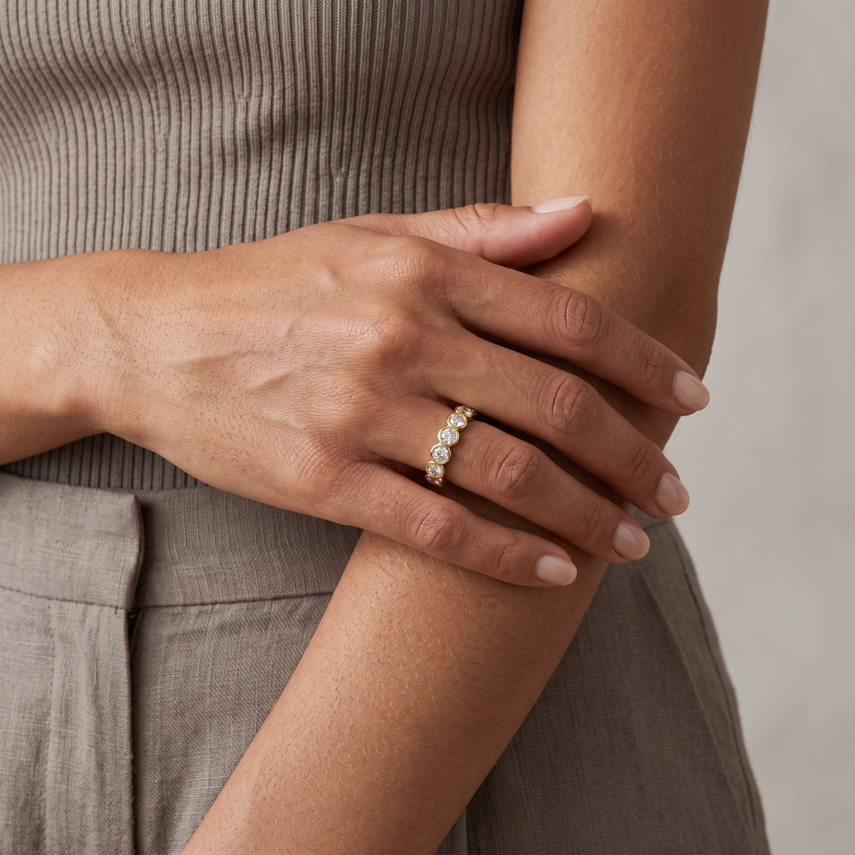 Yellow Gold Round Cut Moissanite Eternity Band Ring