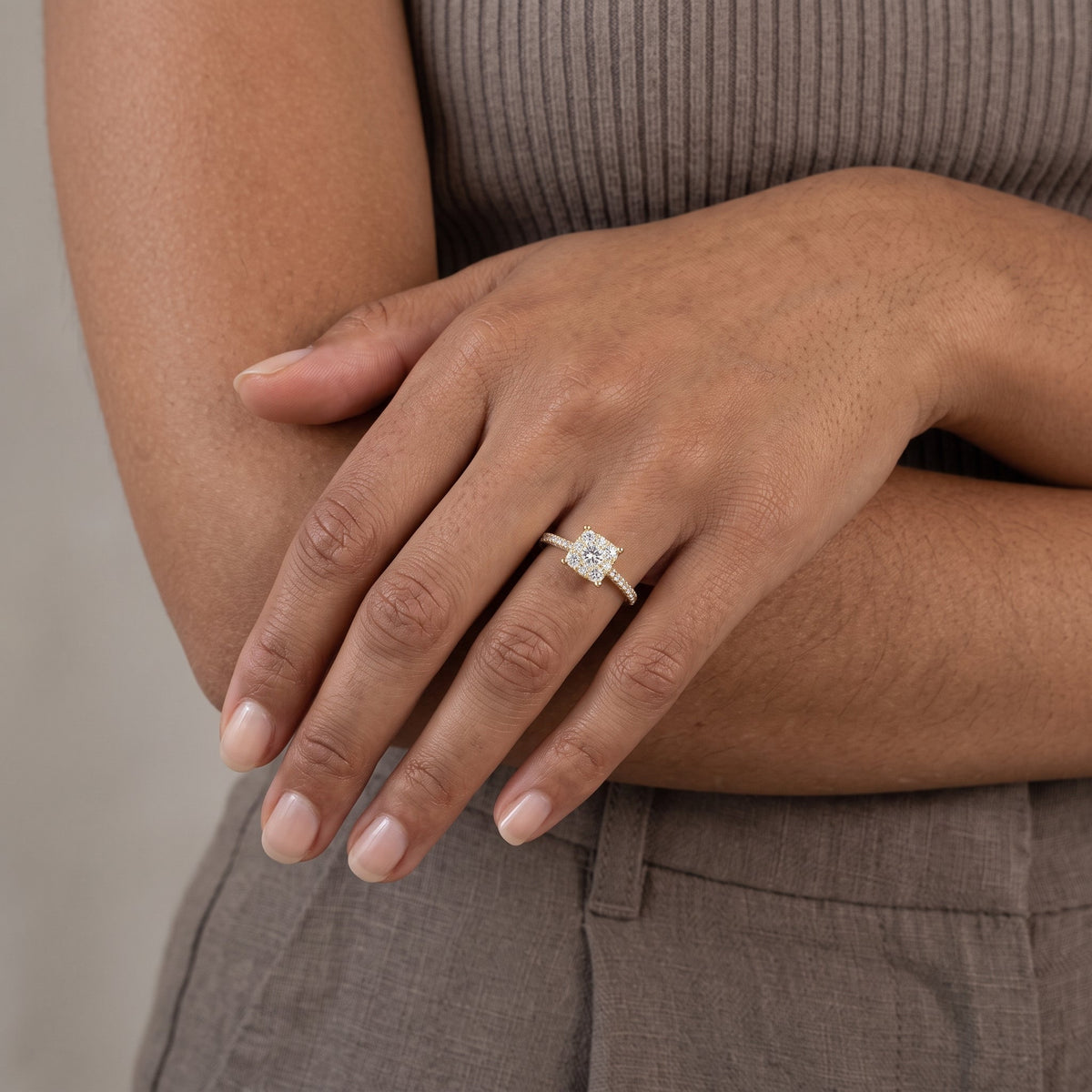 Yellow Gold Round Moissanite Cluster Engagement Ring
