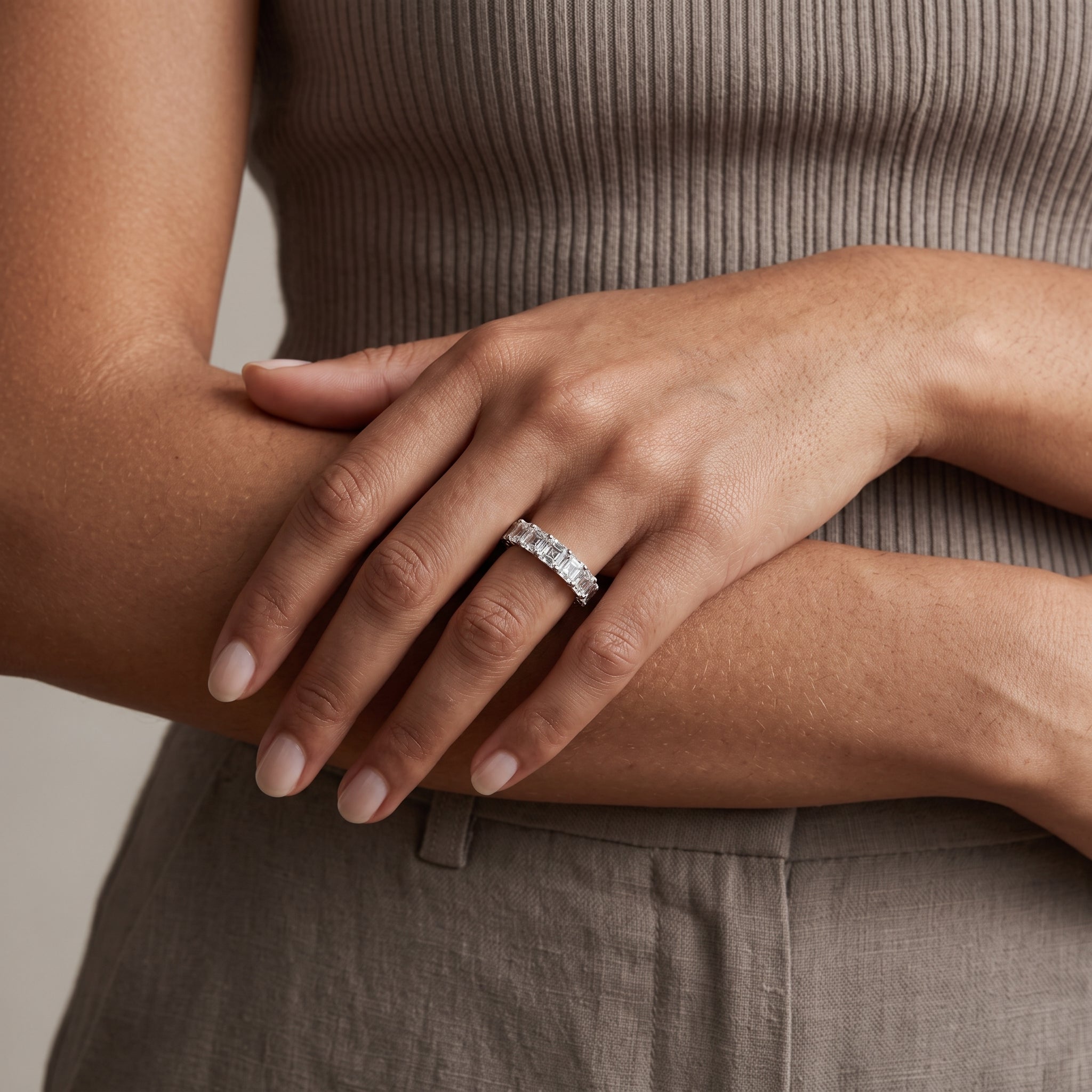 White Metal Asscher Cut Moissanite Eternity Band Ring