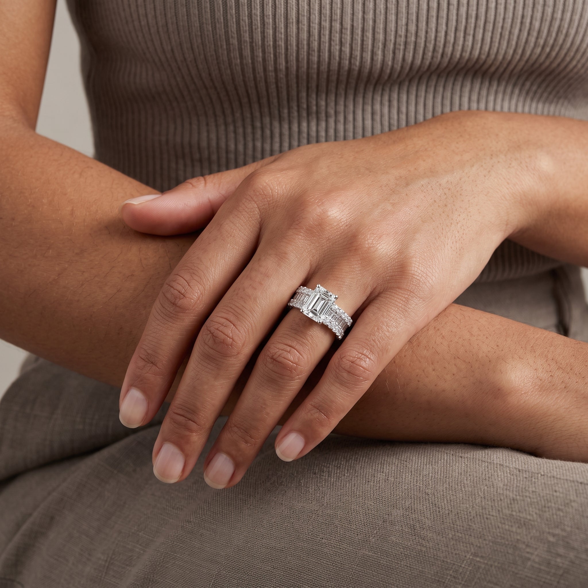 White Gold Emerald Cut Moissanite Engagement Ring Set