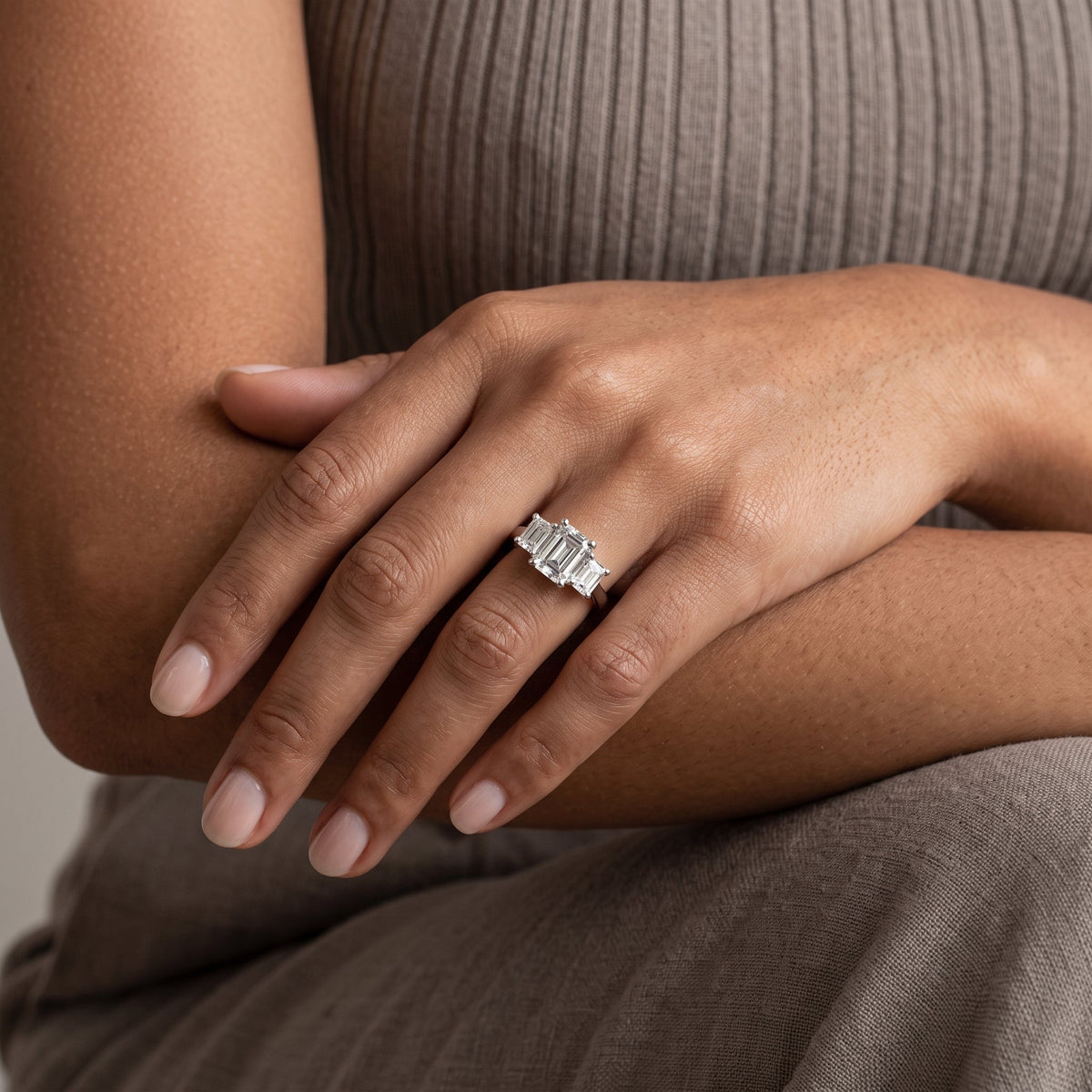 White Emerald Cut Moissanite Three-Stone Engagement Ring