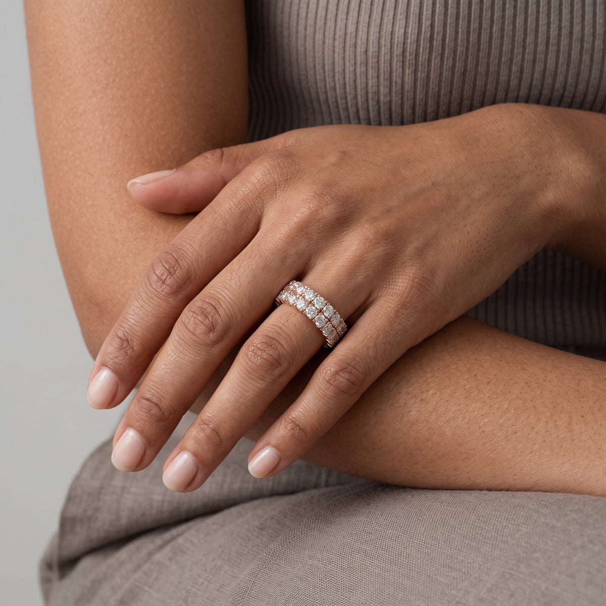 Rose Gold Round Moissanite Double Row Eternity Band