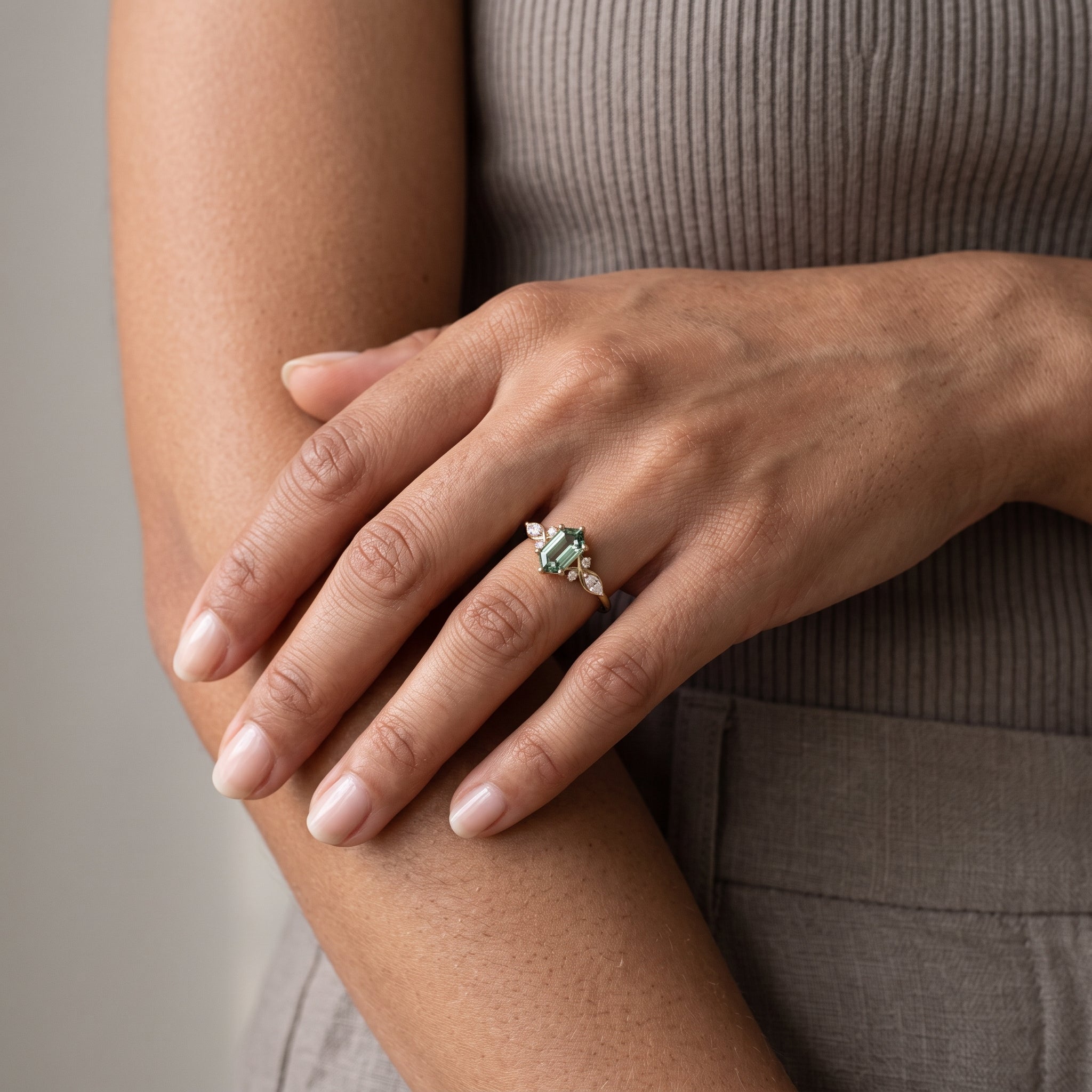 Yellow Gold Emerald Cut Moissanite Twisted Leaf Ring