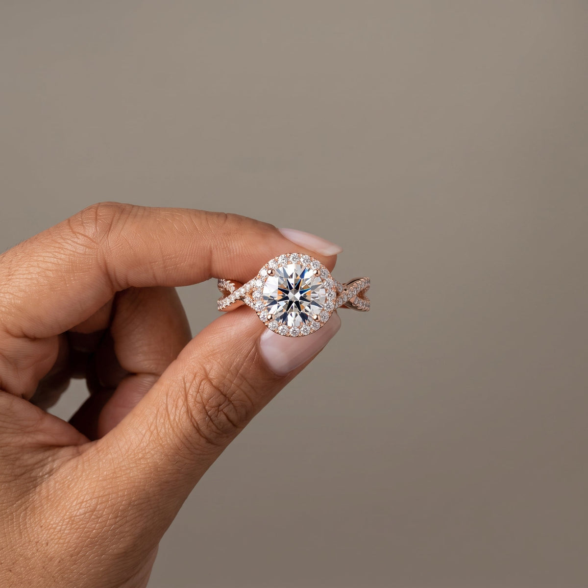 Rose Gold Round Moissanite Halo Engagement Ring with Twisted Band