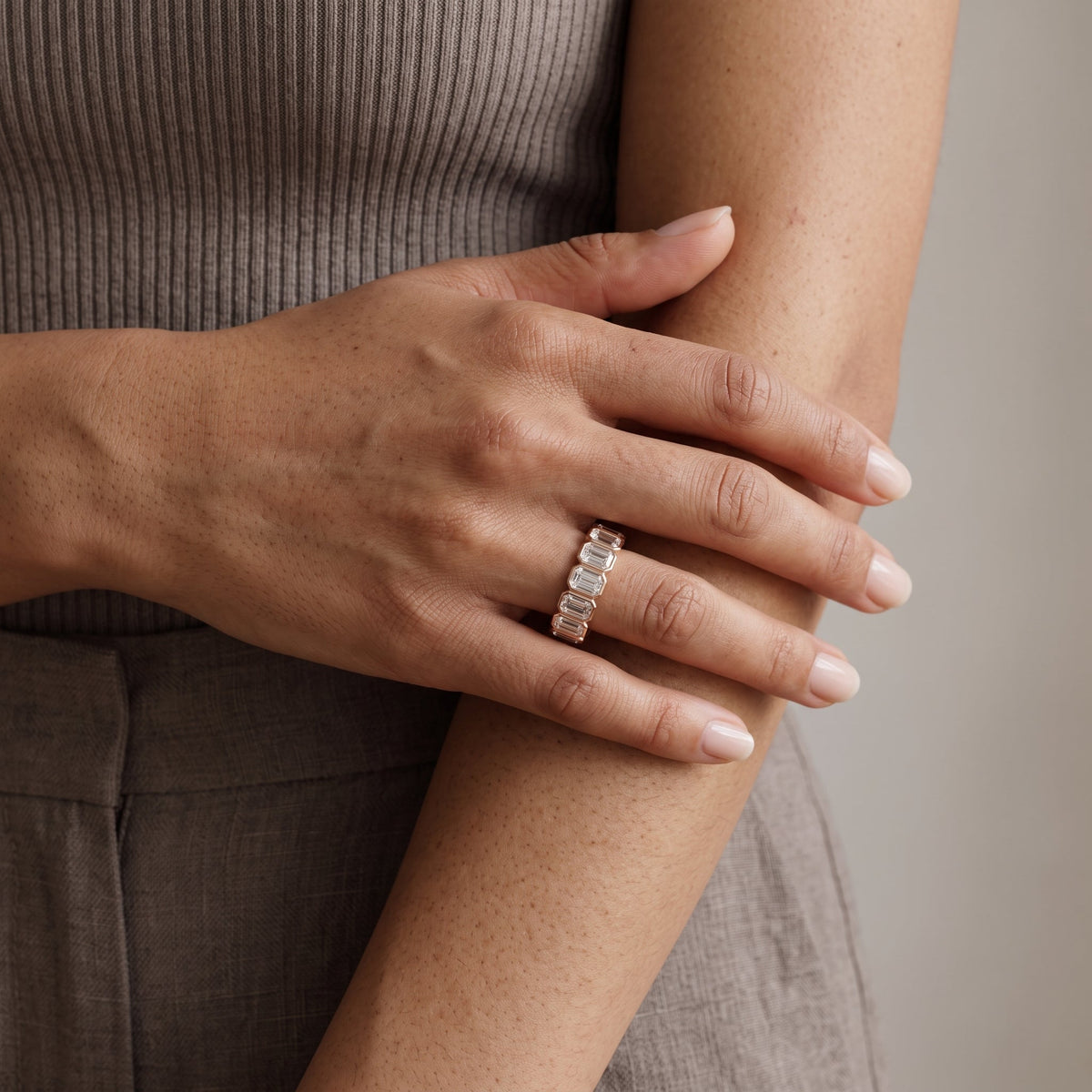 Rose Gold Emerald Cut Moissanite Eternity Band Ring