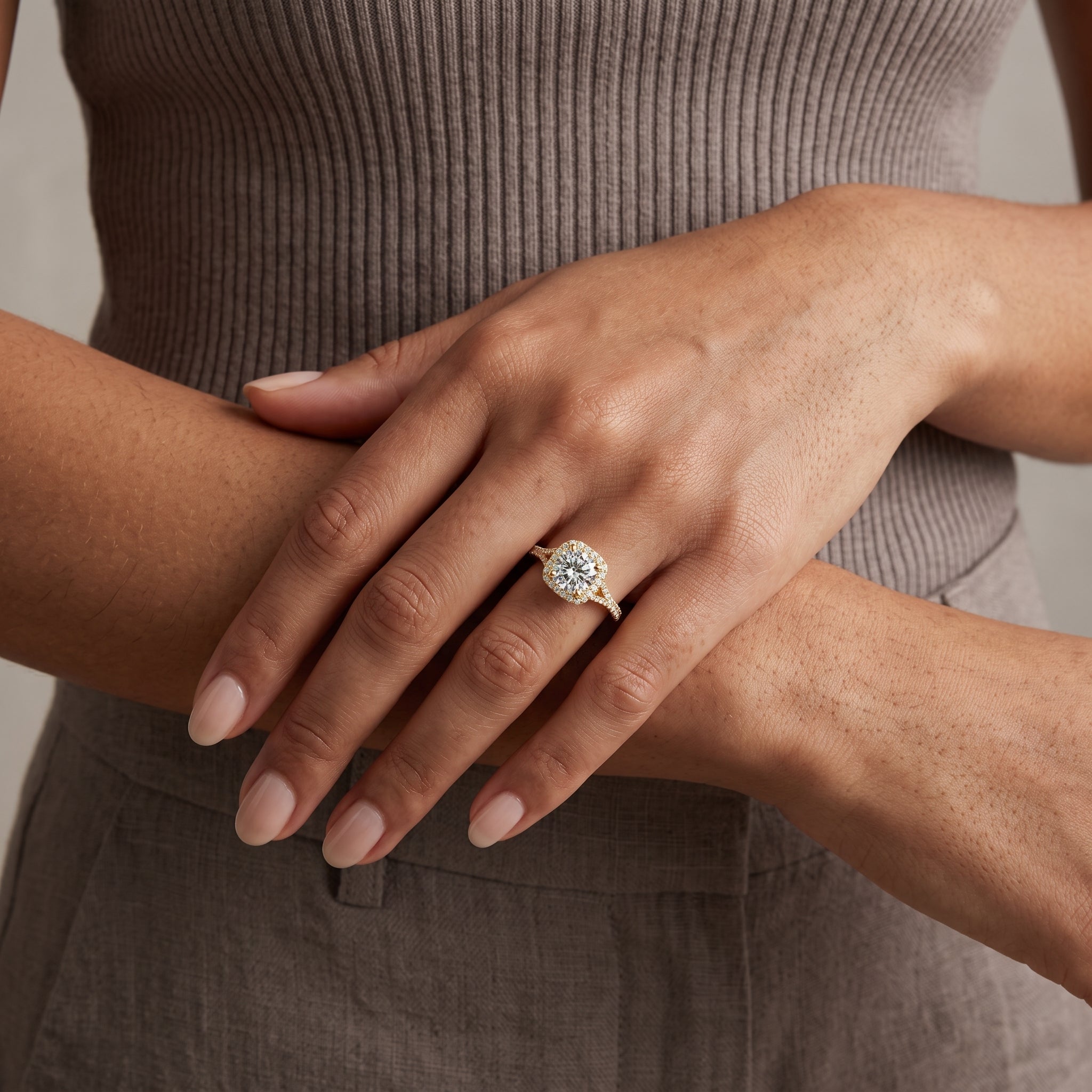Yellow Gold Cushion Cut Moissanite Halo Engagement Ring