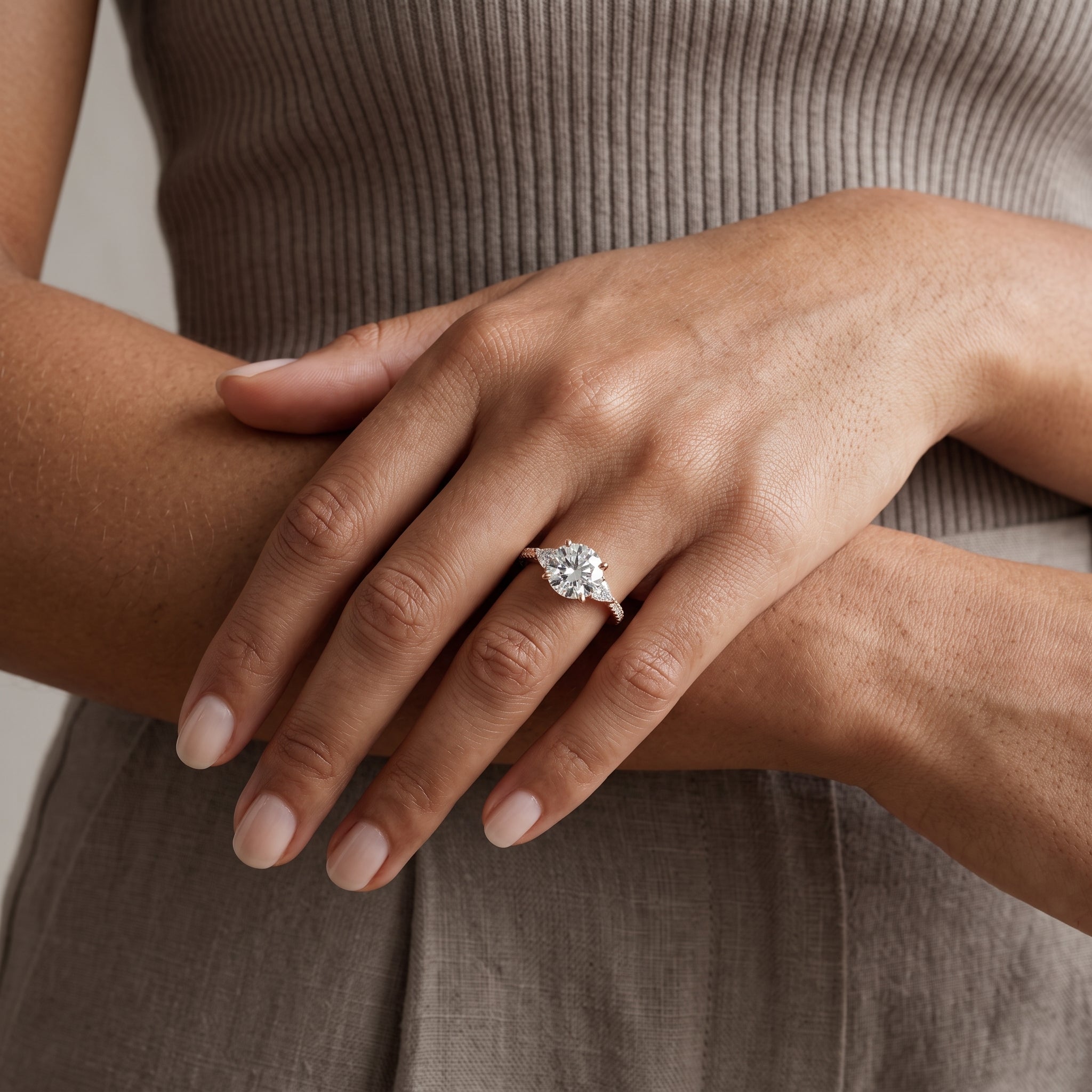 Rose Gold Round Moissanite Three Stone Engagement Ring