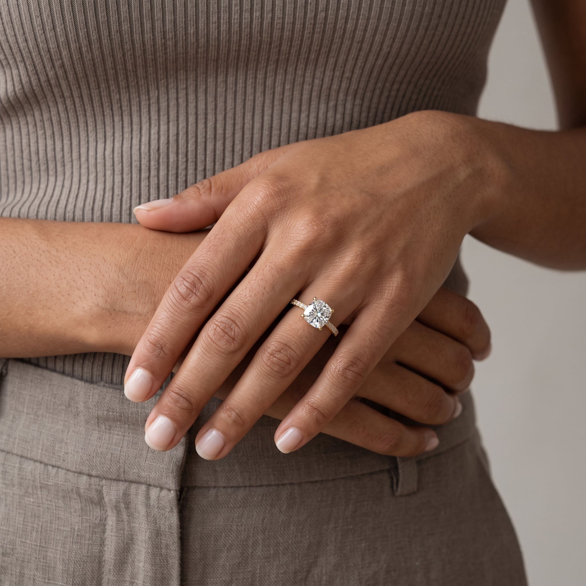 Yellow Gold Cushion Cut Moissanite Engagement Ring with Pavé Band