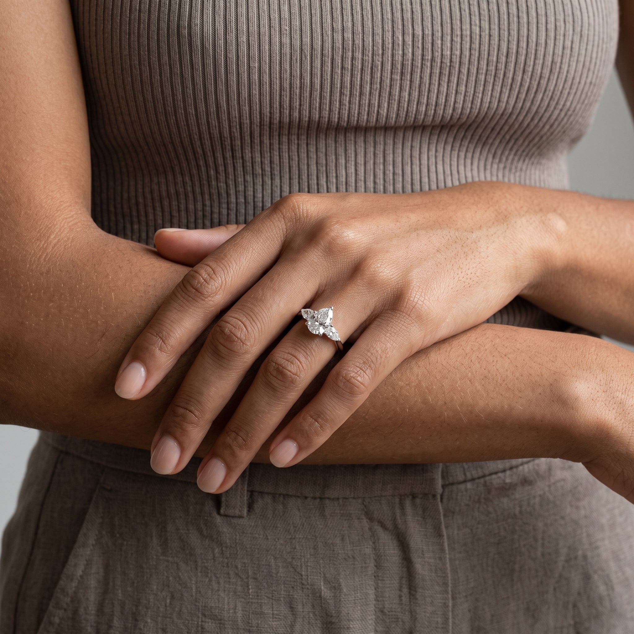 White Gold Pear Cut Moissanite Three Stone Engagement Ring