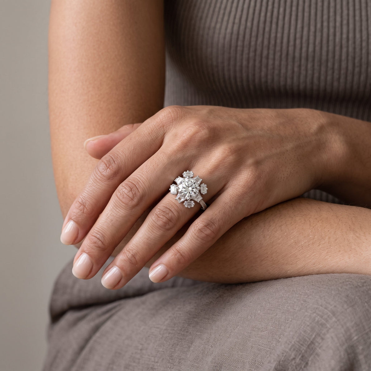 White Gold Cushion Moissanite Floral Halo Engagement Ring