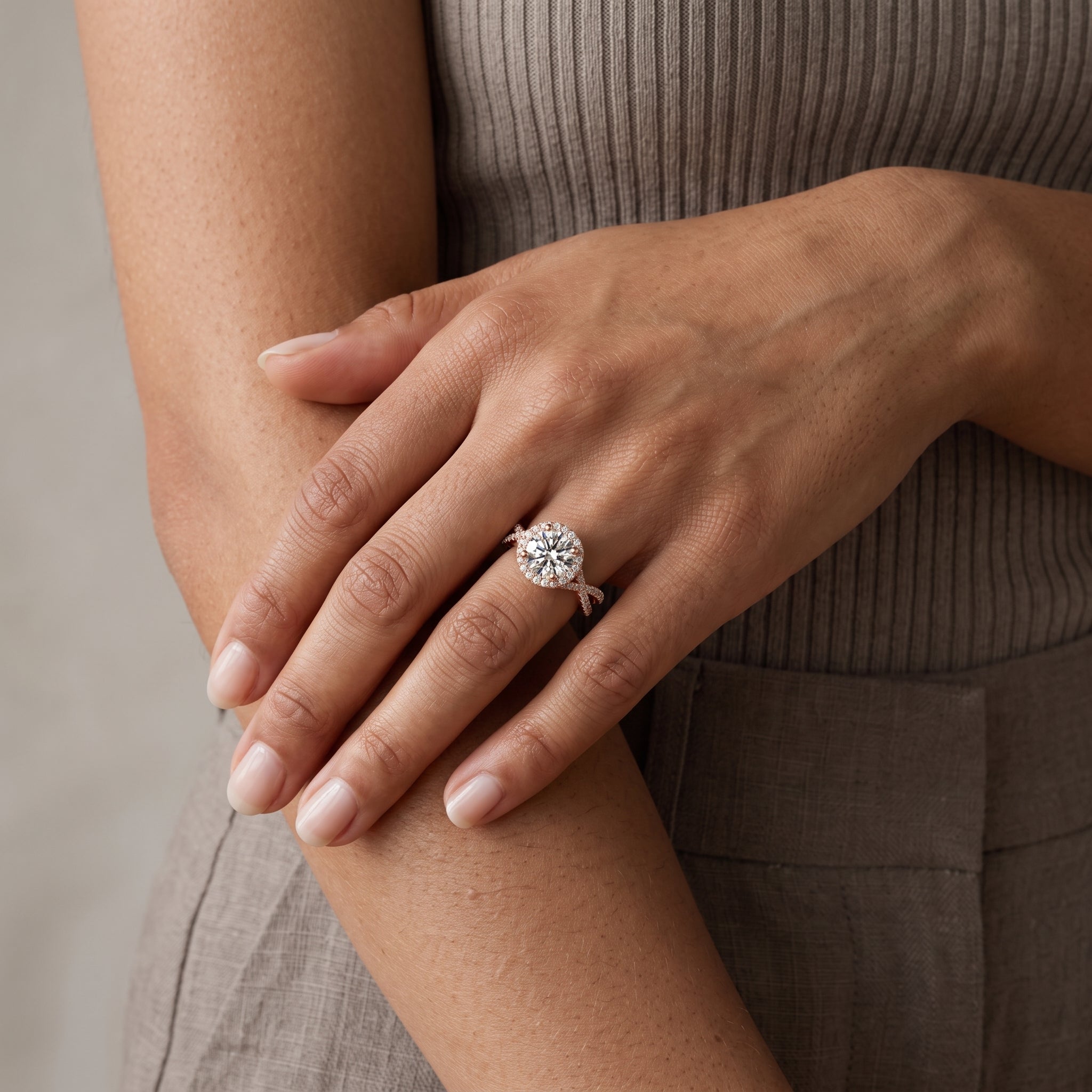 Rose Gold Round Moissanite Halo Engagement Ring with Twisted Band