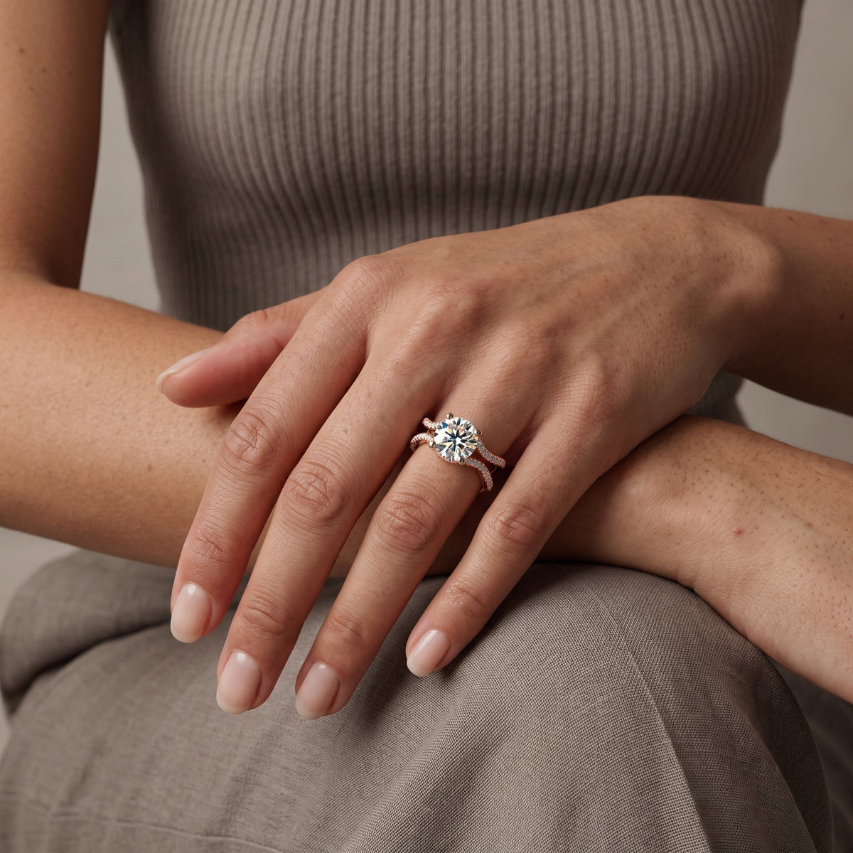 Rose Gold Round Cut Moissanite Twisted Shank Engagement Ring
