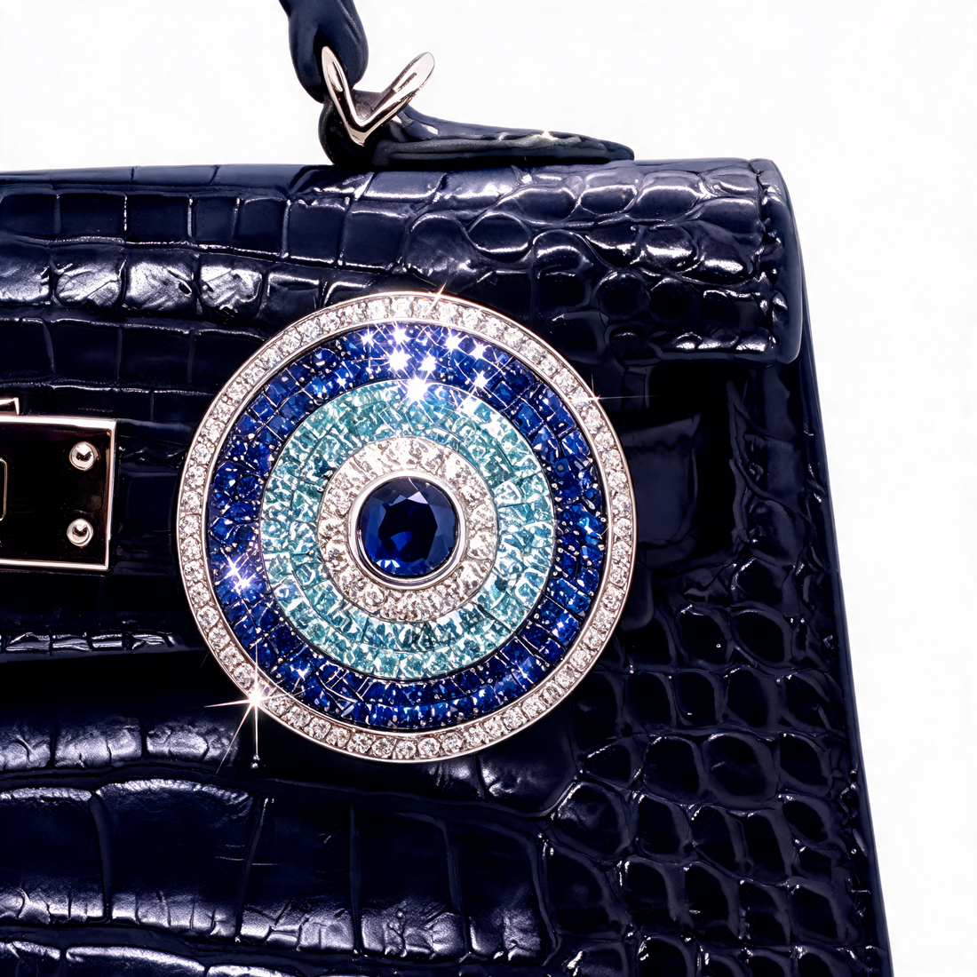 Blue evil eye diamond bag charm in moissanite attached to a navy bag – Zius Jewels