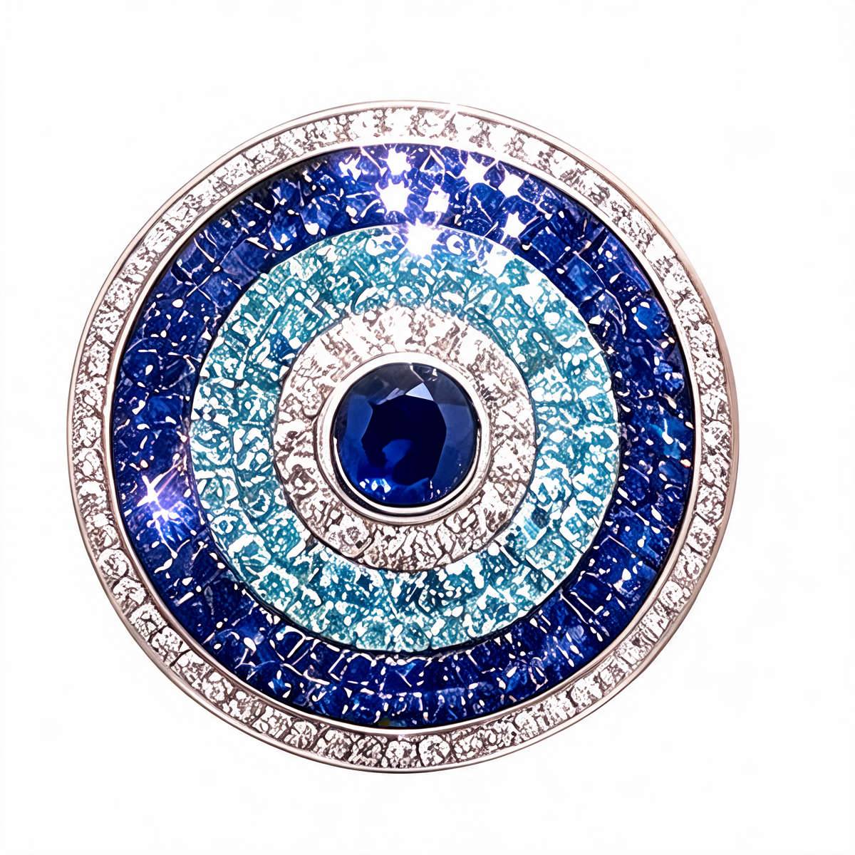 Blue evil eye round gem-set bag charm on white background