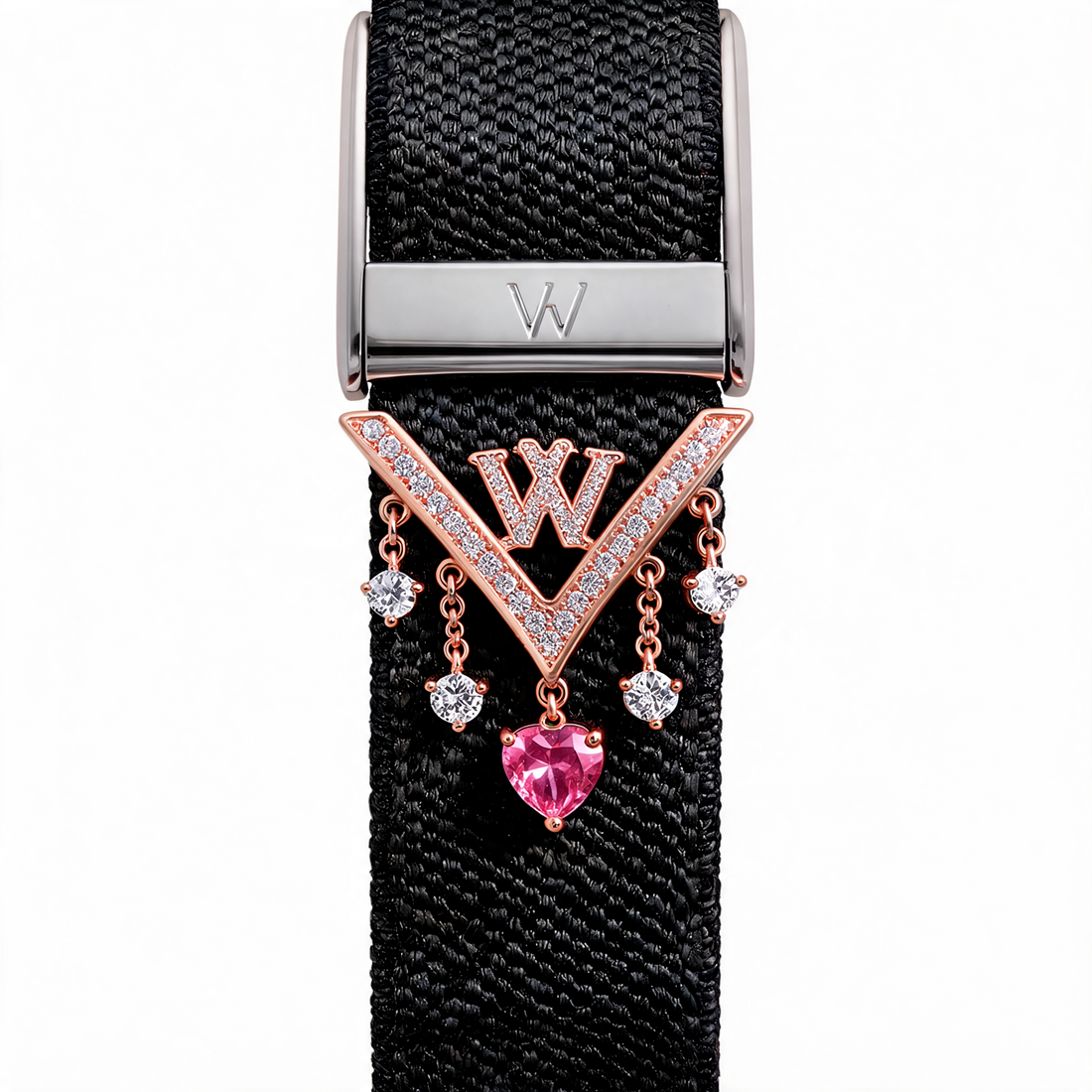 Pink Heart Crest diamond WHOOP charm attached to black WHOOP 5.0 strap – Zius Jewels