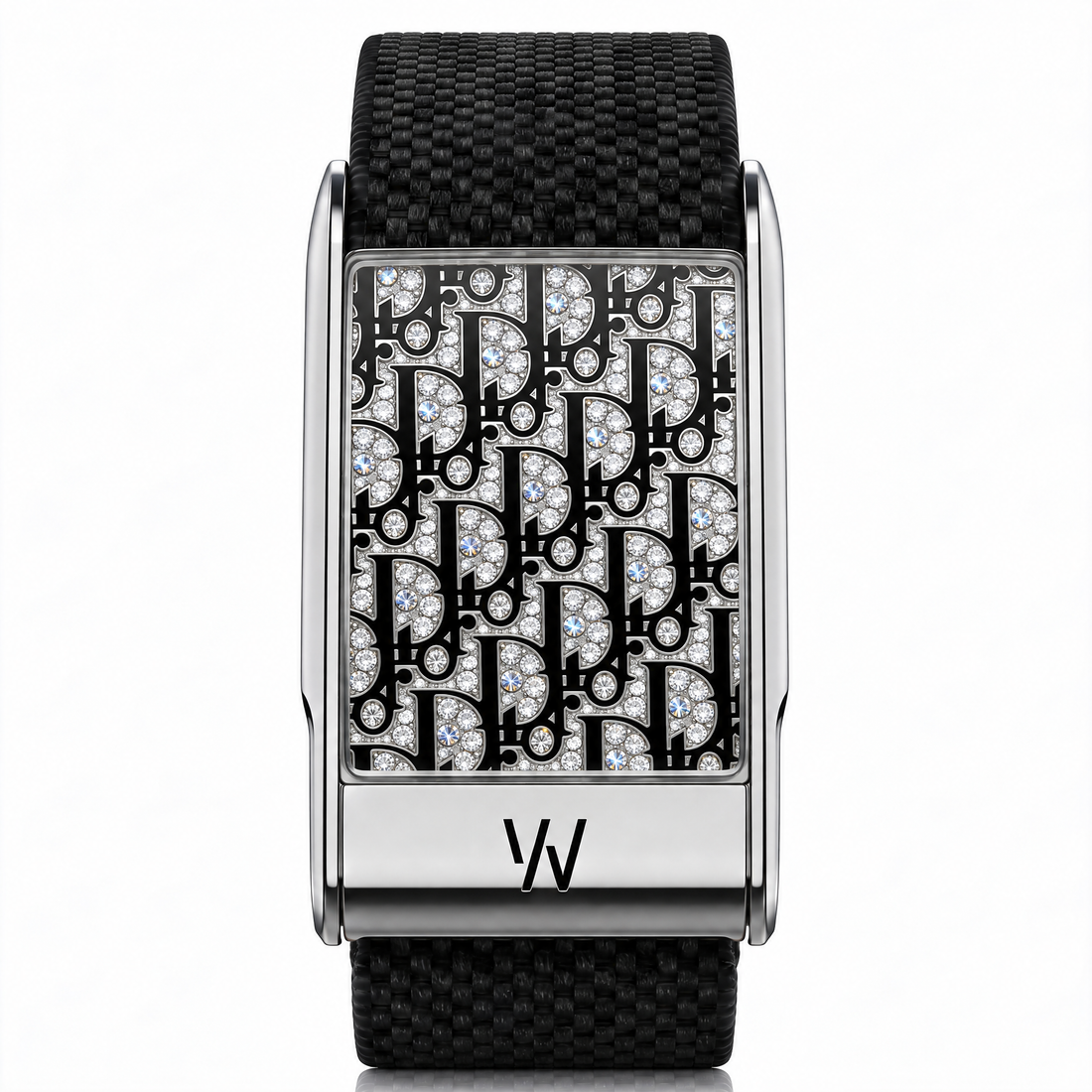 Black & White Monogram Pattern Diamond WHOOP 5.0 case set with moissanite – front view – Zius Jewels