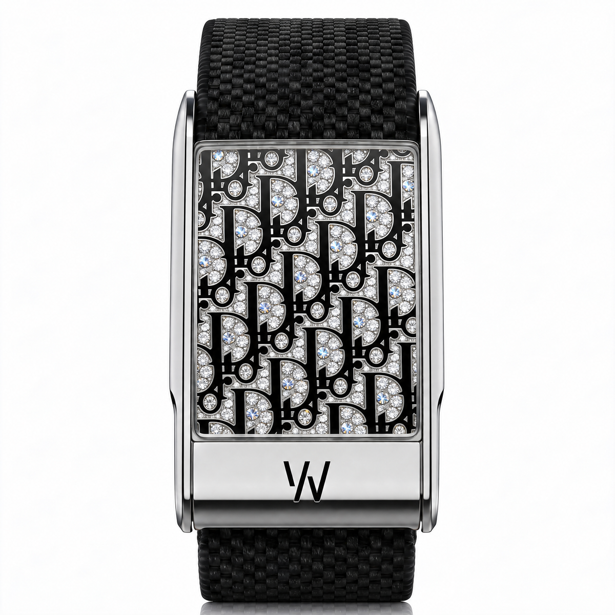 Black & White Monogram Pattern Diamond WHOOP 5.0 case set with moissanite – front view – Zius Jewels