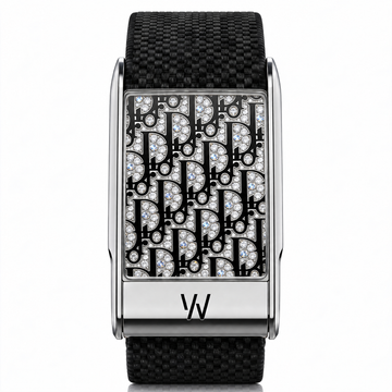 Black & White Monogram Pattern Diamond WHOOP 5.0 case set with moissanite – front view – Zius Jewels
