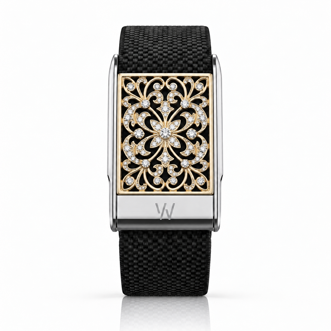 Gold Filigree Lattice Diamond WHOOP 5.0 case set with moissanite – angle view – Zius Jewels