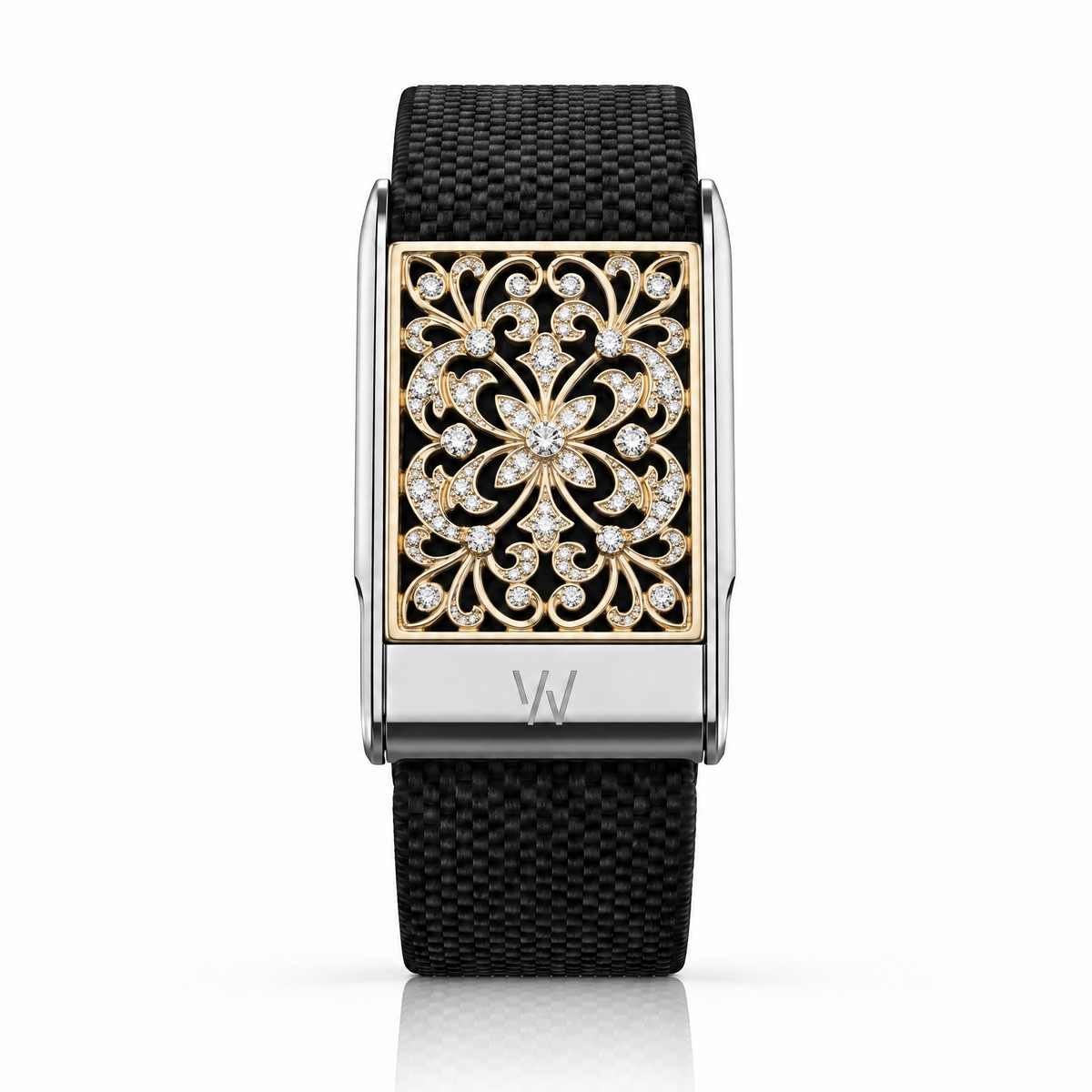 Gold Filigree Lattice Diamond WHOOP 5.0 case set with moissanite – angle view – Zius Jewels