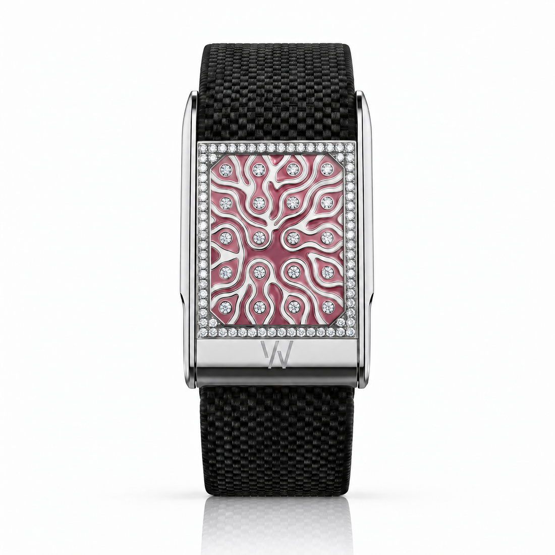 Pink Damask Diamond WHOOP 5.0 case set with moissanite – angle view – Zius Jewels