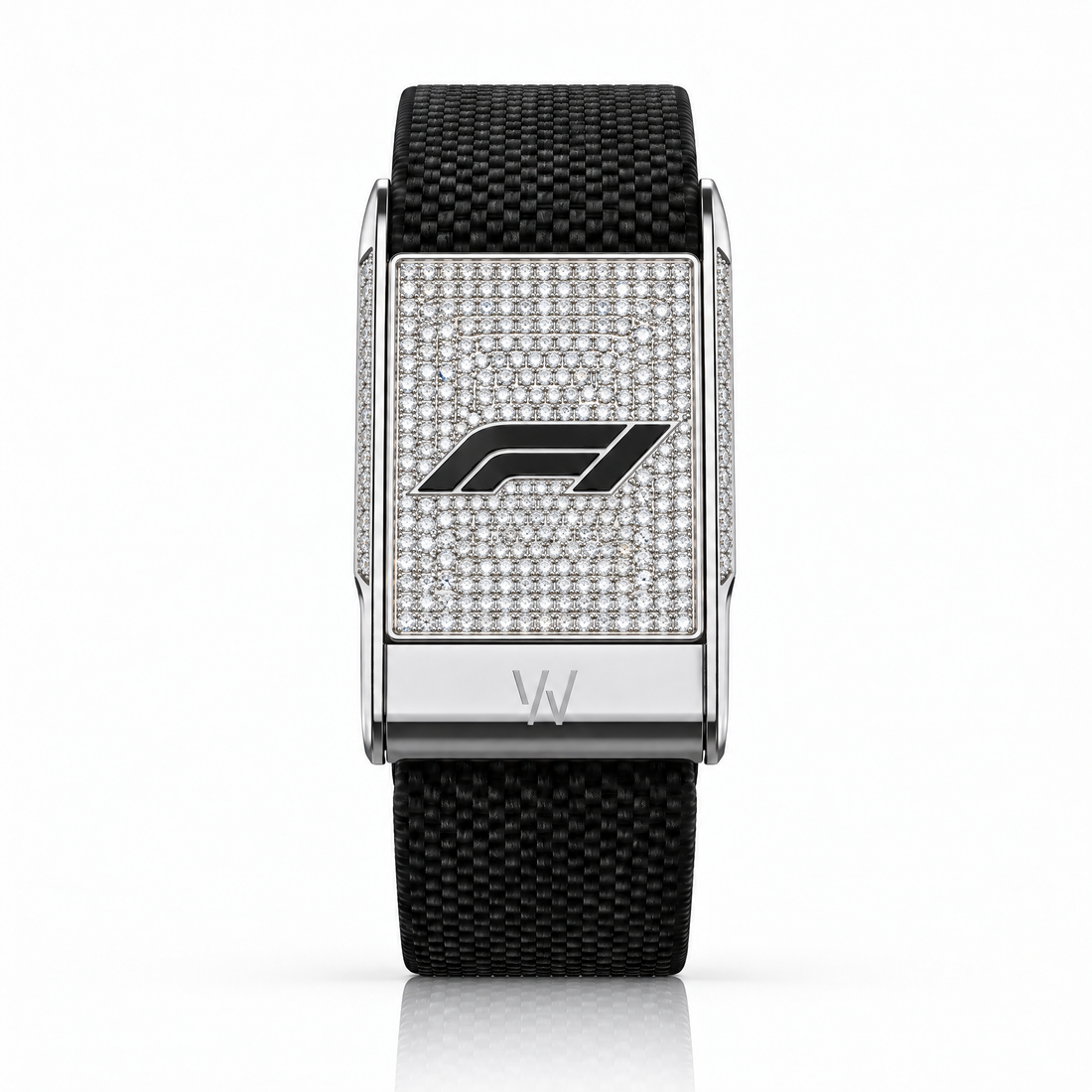 Custom Logo White Pavé Diamond WHOOP 5.0 case set with moissanite – angle view – Zius Jewels