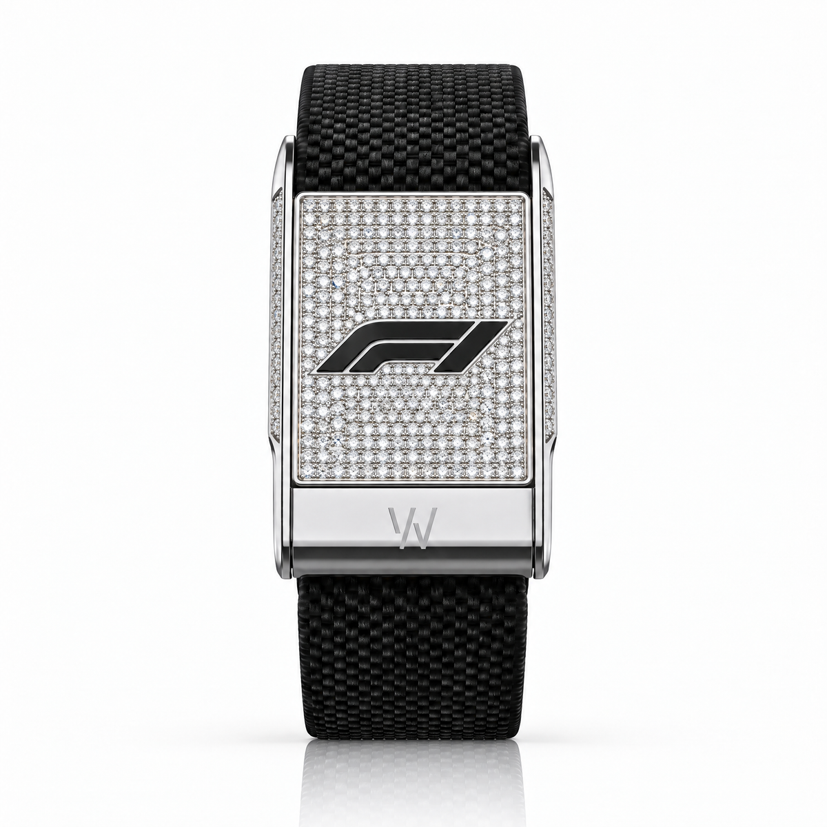 Custom Logo White Pavé Diamond WHOOP 5.0 case set with moissanite – angle view – Zius Jewels