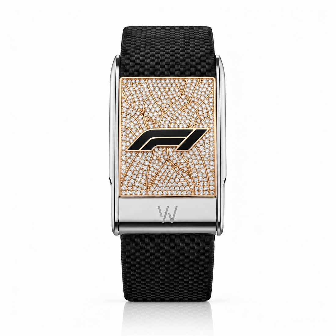 Custom Logo Champagne Pavé Diamond WHOOP 5.0 case set with moissanite – angle view – Zius Jewels