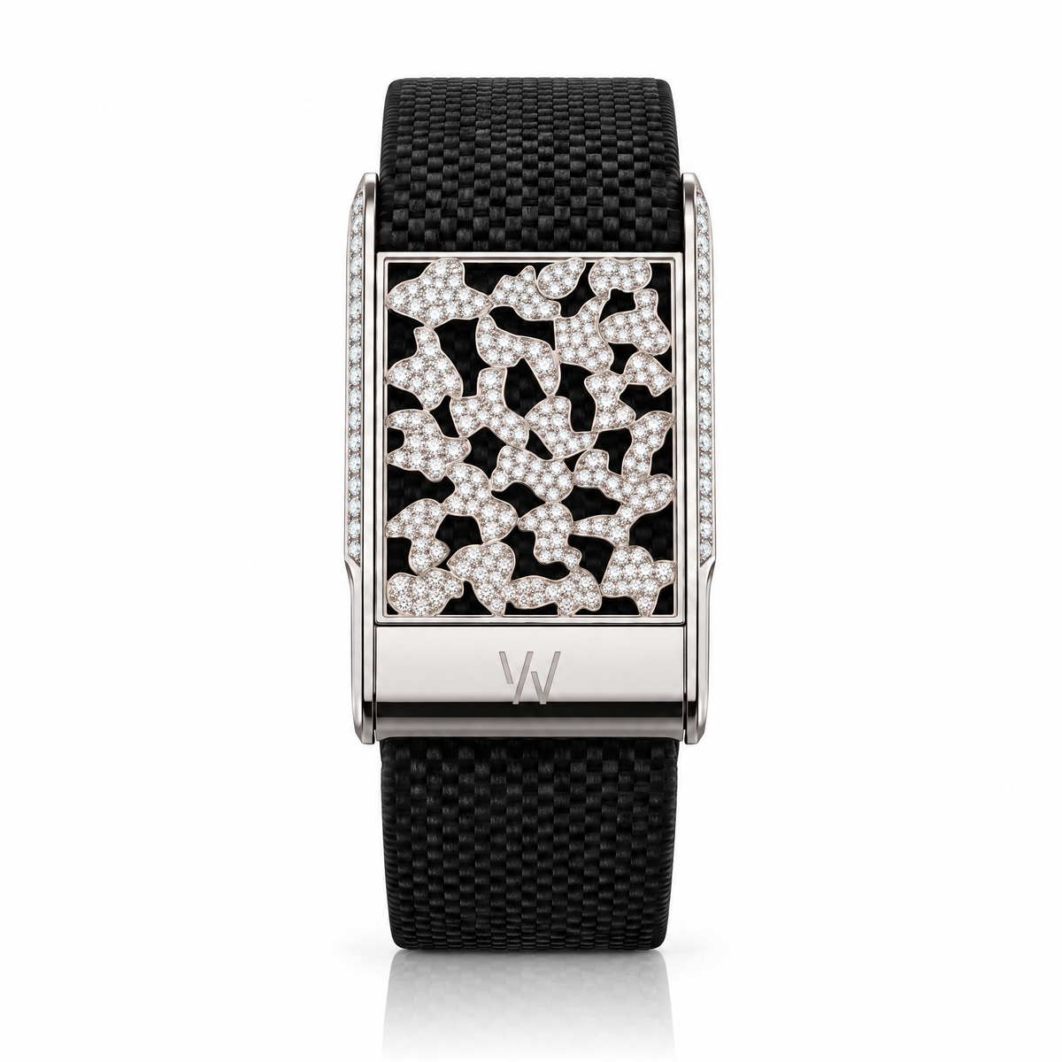 Black & White Spotted Diamond WHOOP 5.0 case set with moissanite – angle view – Zius Jewels