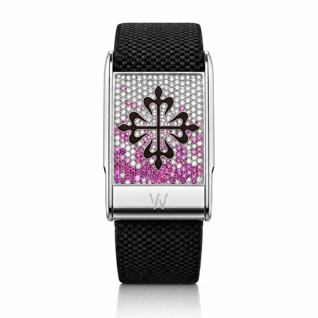 Pink Ornate Cross Diamond WHOOP 5.0 case set with moissanite – angle view – Zius Jewels