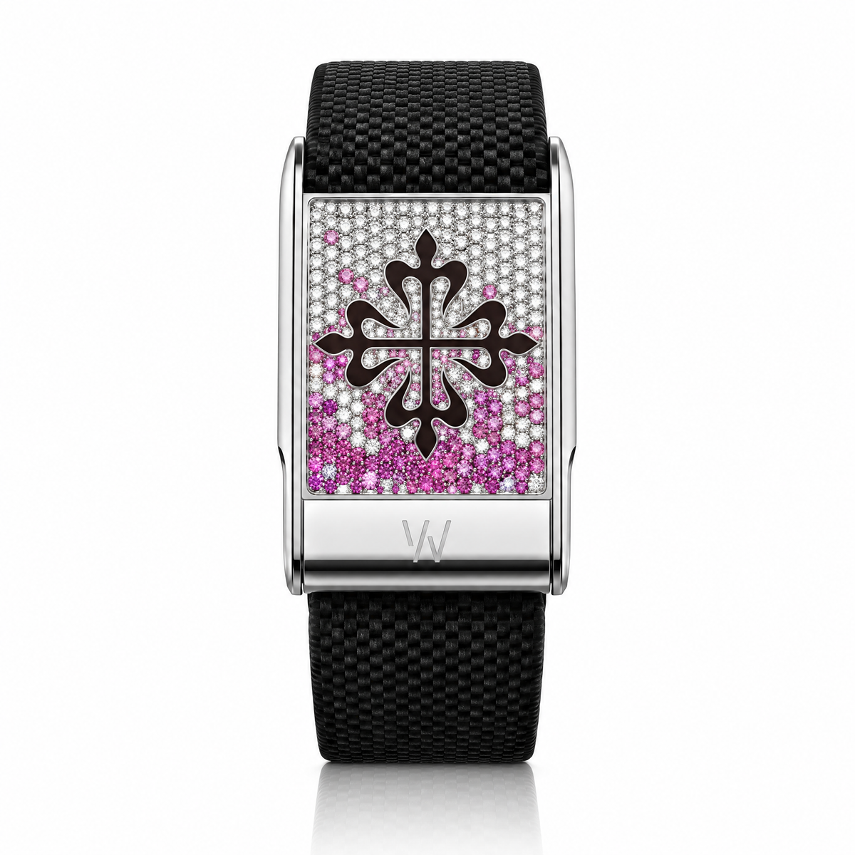 Pink Ornate Cross Diamond WHOOP 5.0 case set with moissanite – angle view – Zius Jewels