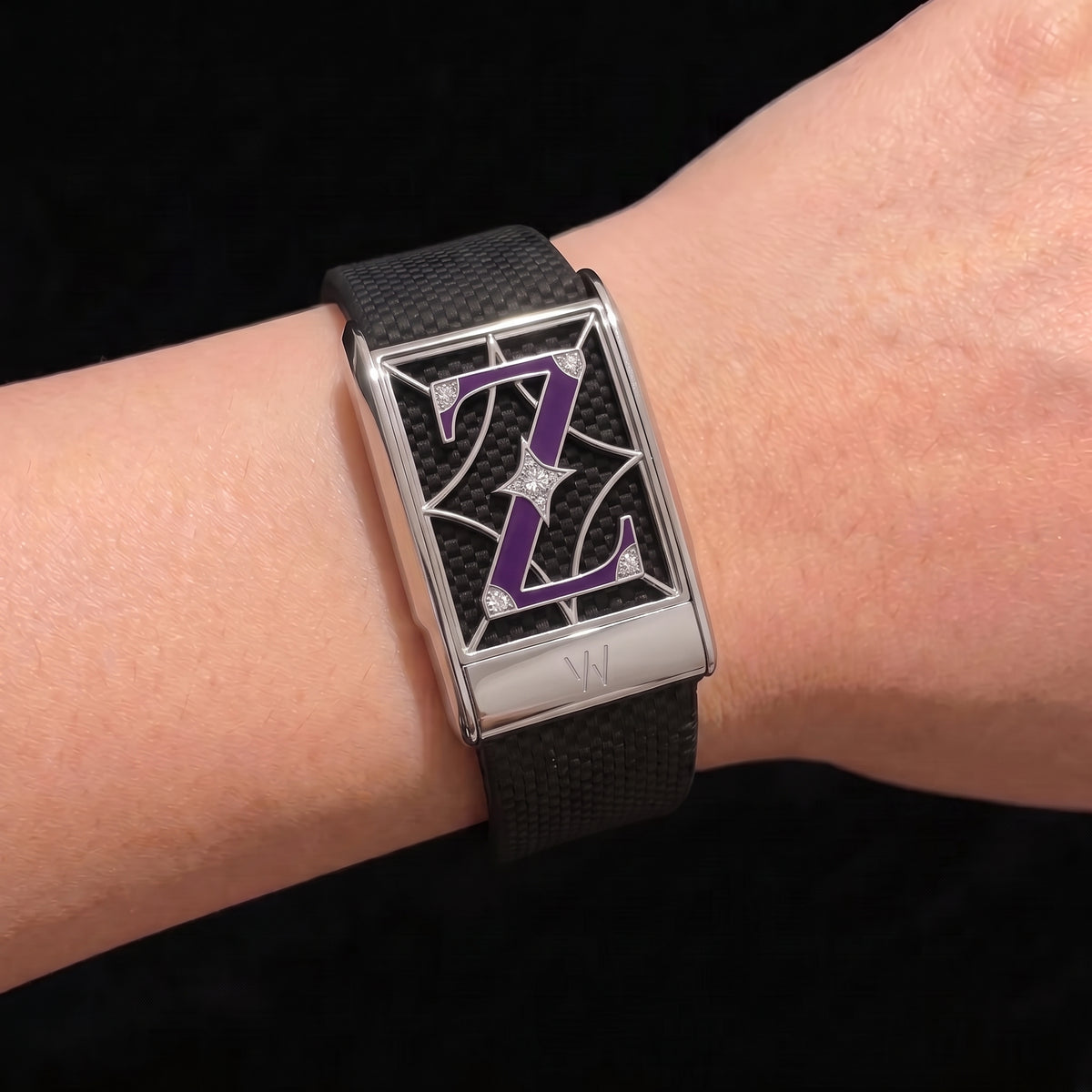 Purple Initial Letter Z Diamond WHOOP 5.0 case set with moissanite – front view – Zius Jewels