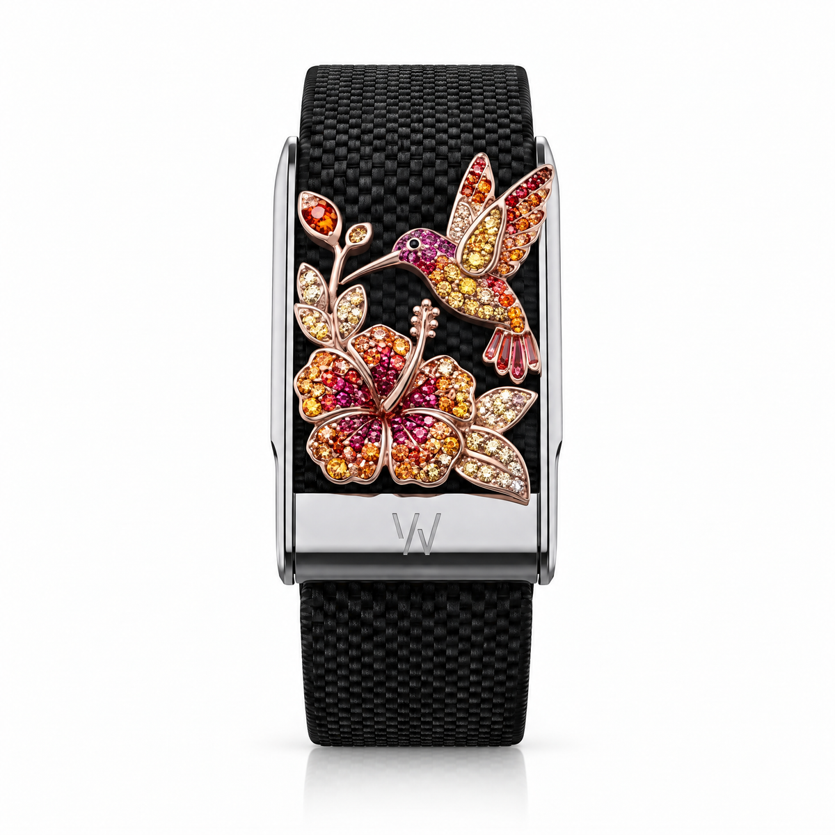 Hummingbird & Hibiscus Diamond WHOOP 5.0 case set with moissanite – angle view – Zius Jewels