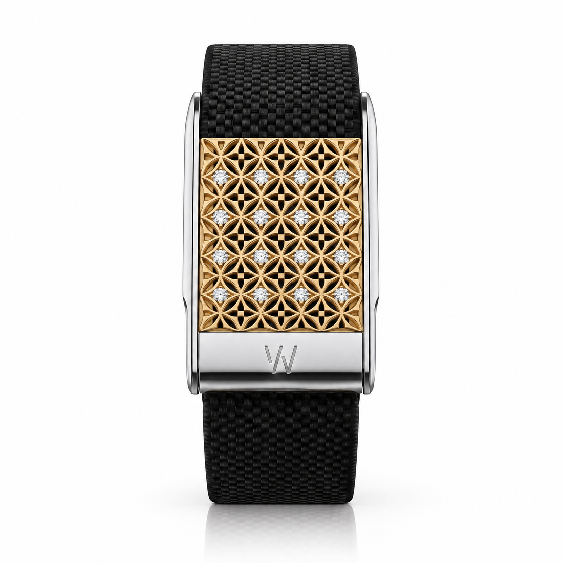 Gold Quatrefoil Grid Diamond WHOOP 5.0 case set with moissanite – angle view – Zius Jewels