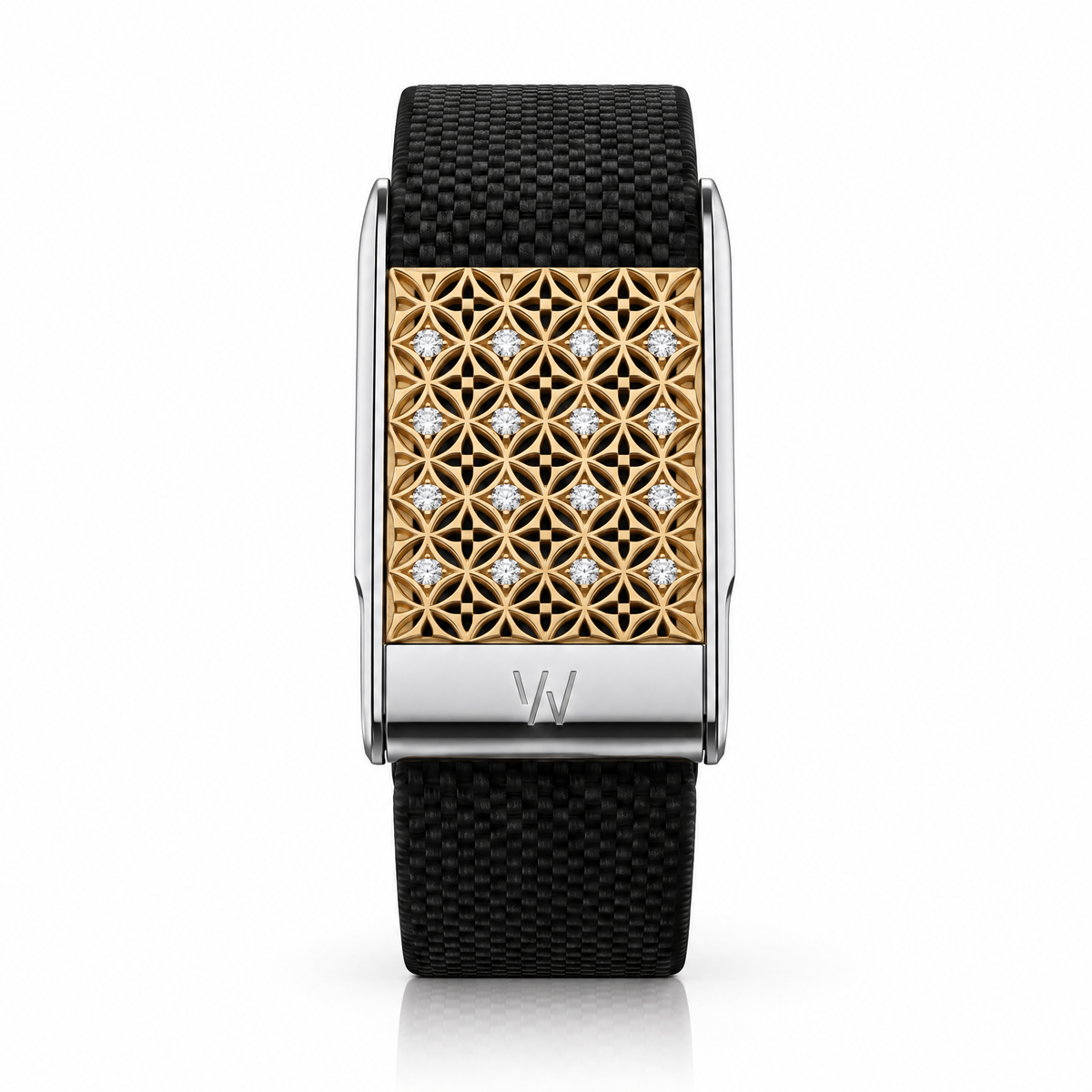 Gold Quatrefoil Grid Diamond WHOOP 5.0 case set with moissanite – angle view – Zius Jewels