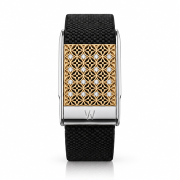 Gold Quatrefoil Grid Diamond WHOOP 5.0 case set with moissanite – angle view – Zius Jewels