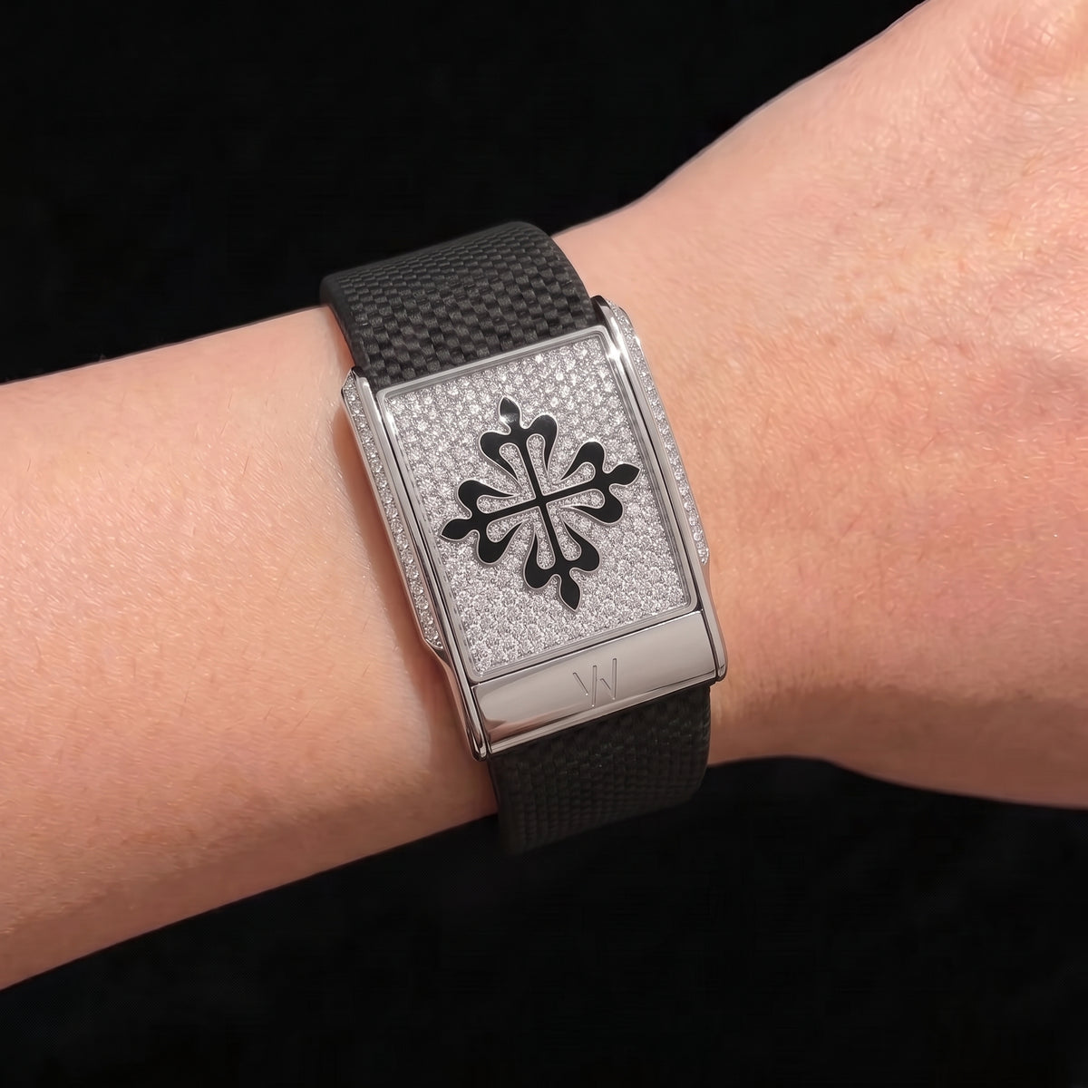 Black Ornate Cross Diamond WHOOP 5.0 case set with moissanite – front view – Zius Jewels