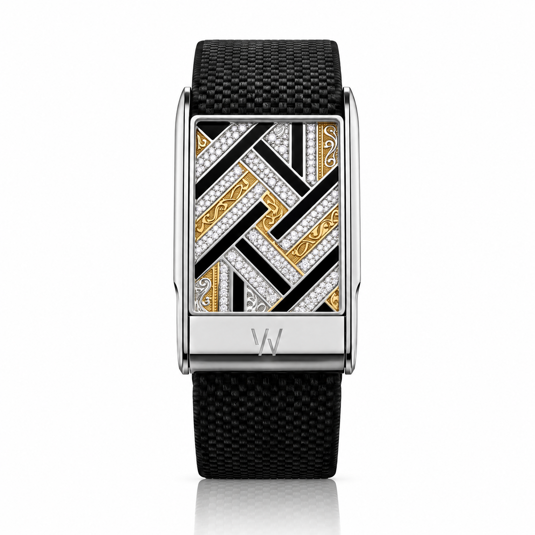 Black & Gold Geometric Diamond WHOOP 5.0 case set with moissanite – angle view – Zius Jewels